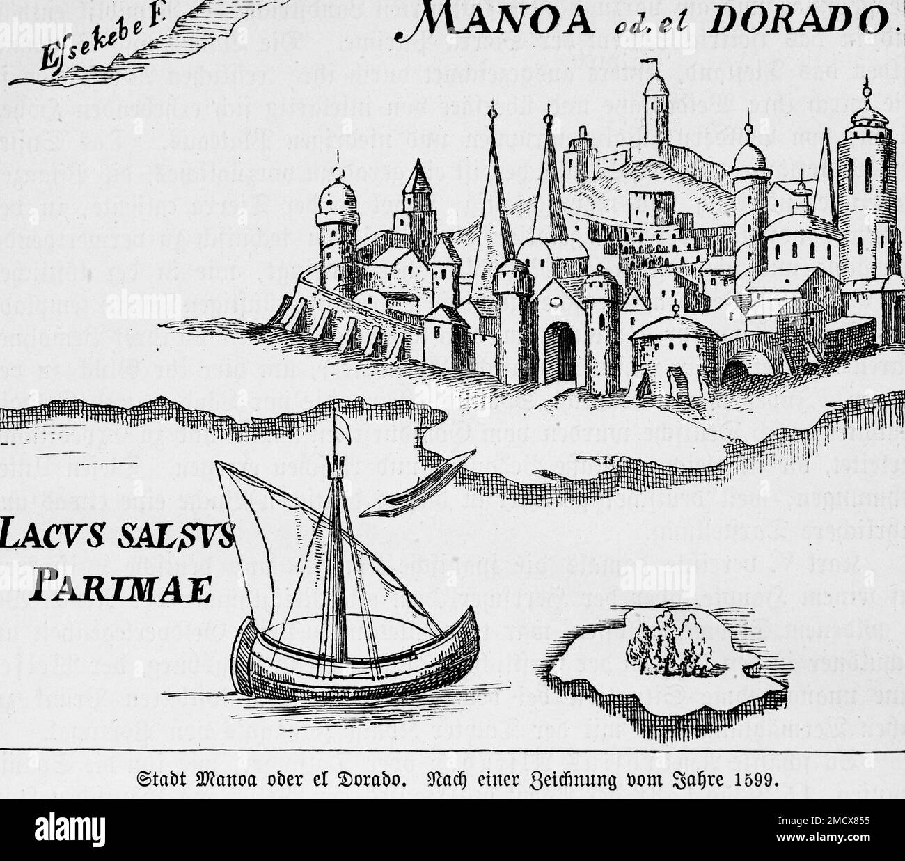 El Dorado, Manoa, Gold, Legende, Traum, Mythos, Abenteuer, Reichtum, spanische Eroberer, Expeditionen, 16. Jahrhundert, Stadt, Stadtmauer, Stadttor, Turm Stockfoto