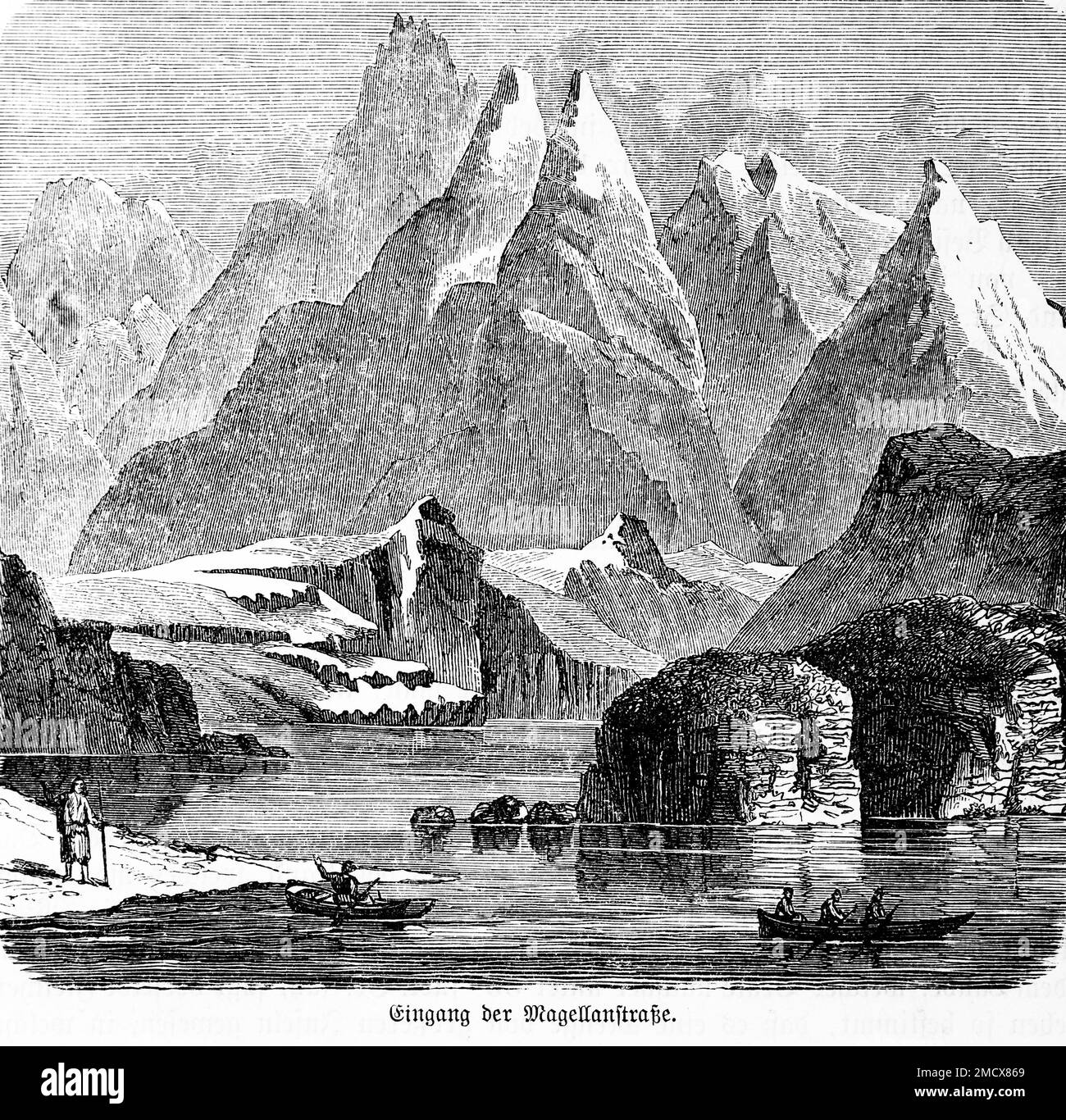 Magellanstraße, Berglandschaft, Schnee, Kälte, Einsamkeit, Menschen, Ruderboot, Rudern, historische Illustration 1885 Stockfoto