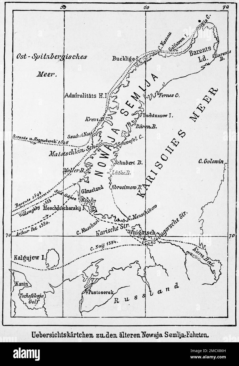 Karte, Semlya, Sibirien, Russland, Expeditionen, Explorations, Northern Sea, C. Naij, Barent, 16. Jahrhundert, Karianisches Meer, historische Illustration 1885 Stockfoto