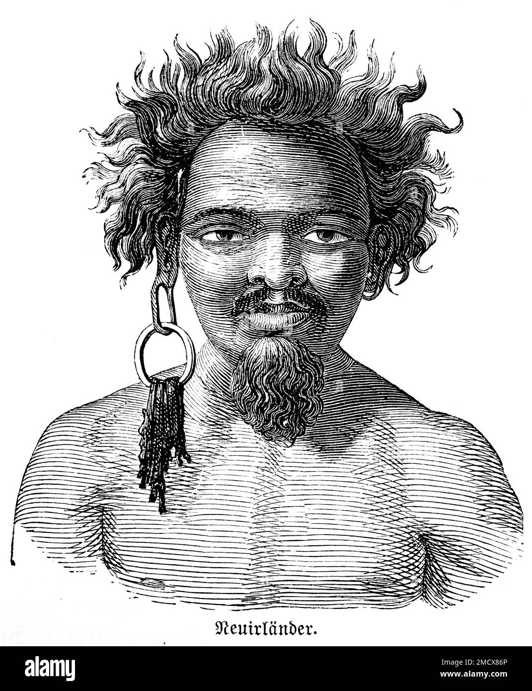 New Ireland, Porträt, einheimisch, Ohrring, Bart, Historische Illustration 1885, Neuirisches Archipel, Papua-Neuguinea Stockfoto