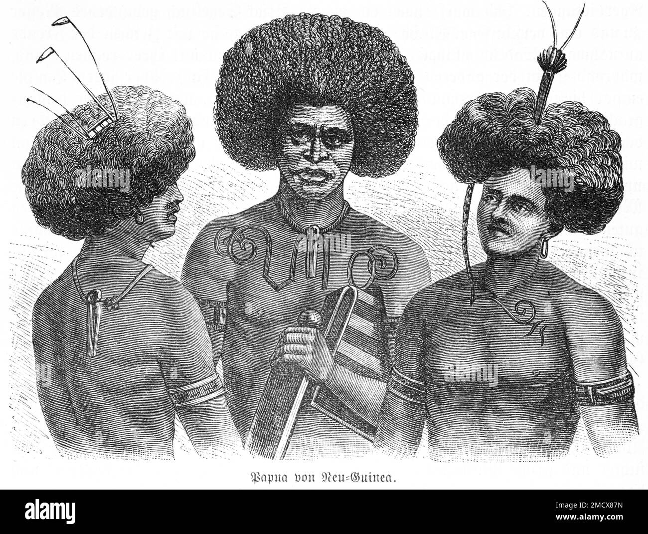 Papua, Menschen, Ureinwohner, Haare, Körpermalerei, Schmuck, historische Illustration 1885, Neuguinea, Südpazifik, Pazifik Stockfoto