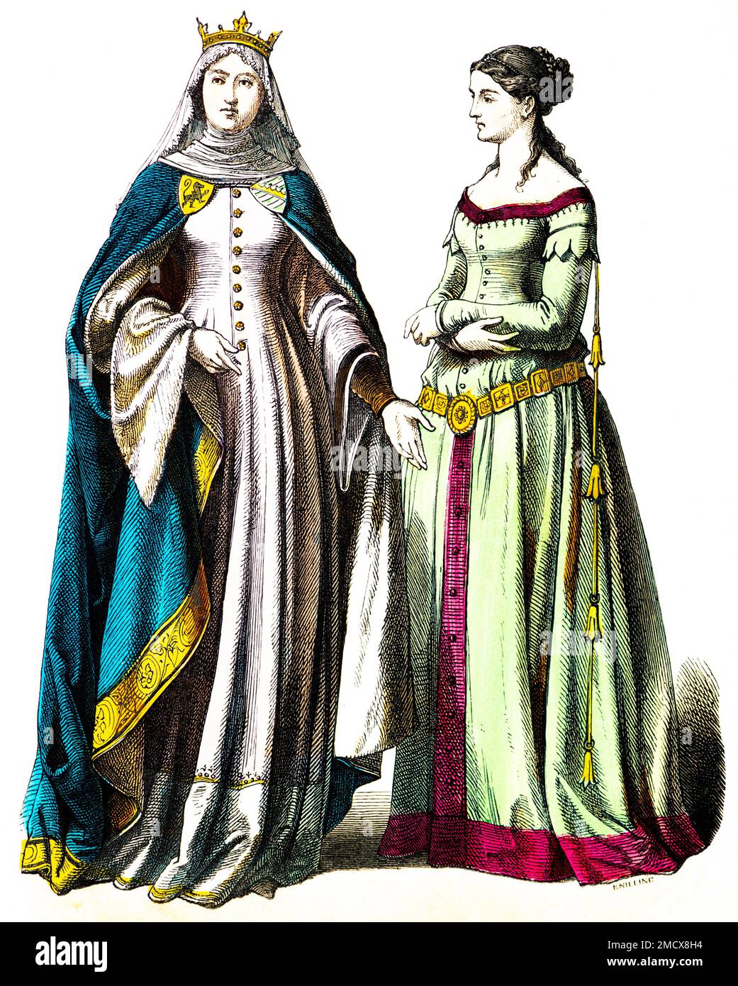 Münchener Bilderbogen, Kostüme, 14. Jahrhundert, Prinzessin und edle Dame, zwei Frauen, edel, Krone, lange Bademäntel, Mode, elegant, Porträt Stockfoto