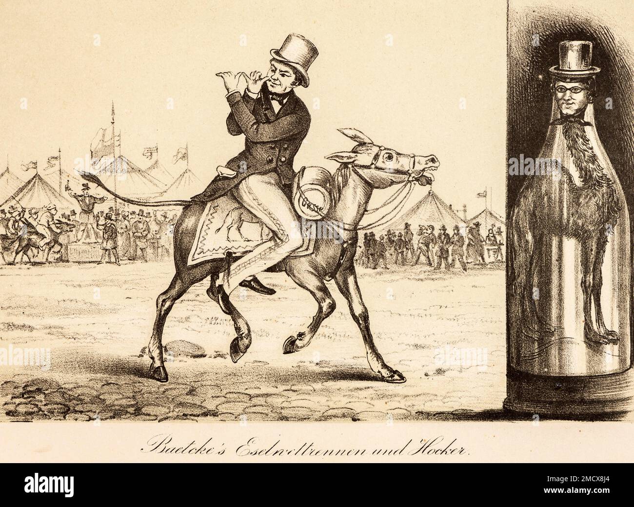Das lustige alte Hamburg, Karikatur, Witz, Baetcke Eselsrennen, Zuschauer, Wettkampf, Festspiele, Menge, Laufen, Festkleidung, Flasche, Deutschland Stockfoto