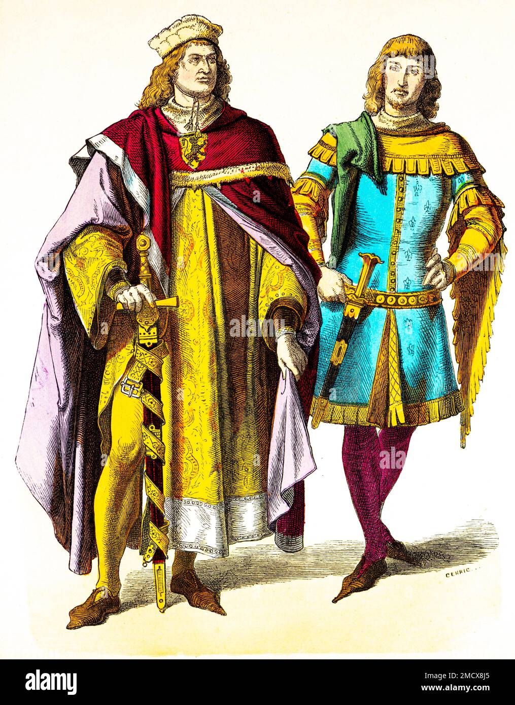 Münchener Bilderbogen, Kostüme, 14. Jahrhundert, Prinz und Ritter, zwei Männer, Aristokratie, Wappen, Schwerter, lange Bademäntel, Mode, Elegant Stockfoto