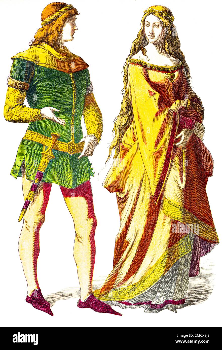 Muenchener Bilderbogen, Kostüme, 14. Jahrhundert, Ritter und edle Frau, Mann, Schwert, Frau, Bademantel, Mode, elegant, Porträt, historische Illustration Stockfoto