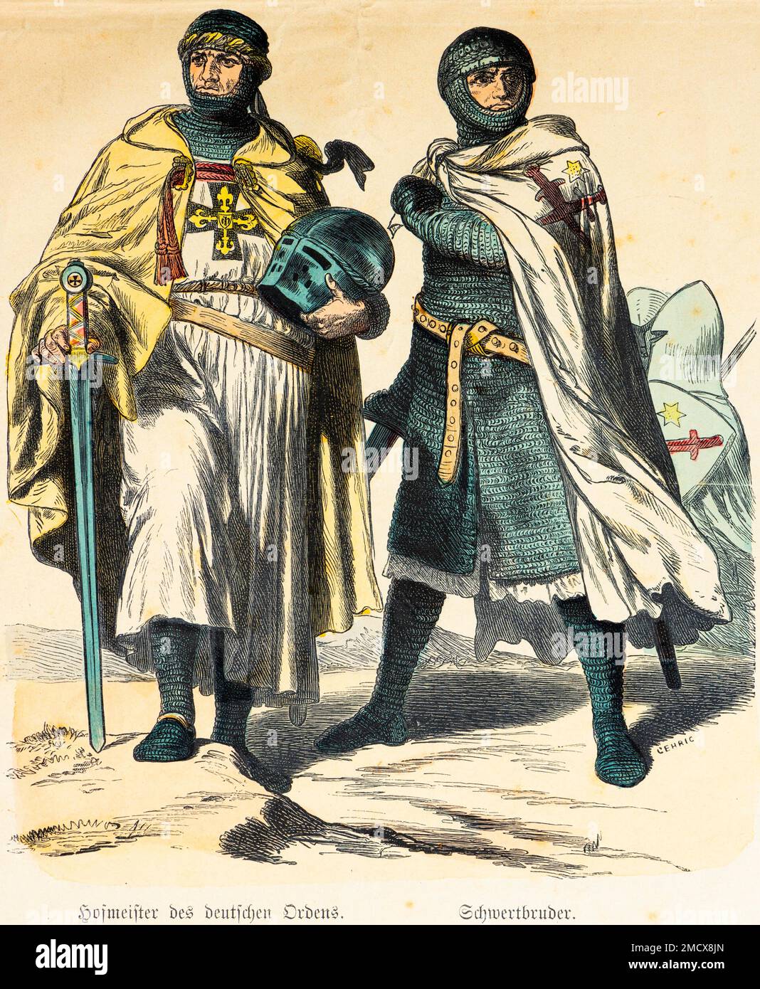 Münchner Bildergalerie, Kostüme, 12. Und 13. Jahrhundert, Hofmeister des Deutschen Ordens (links), Schwertbruder, Schwert, Helm, Ritter, Von knight Stockfoto