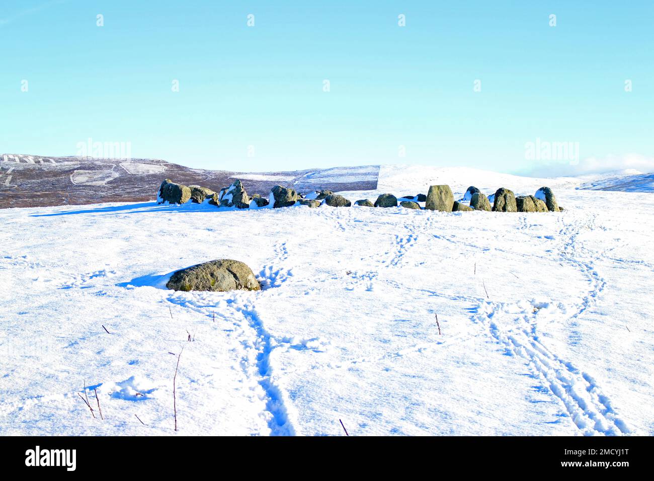 Moel Ty Uchaf Steinkreis im Winter, Llandrillo Stockfoto