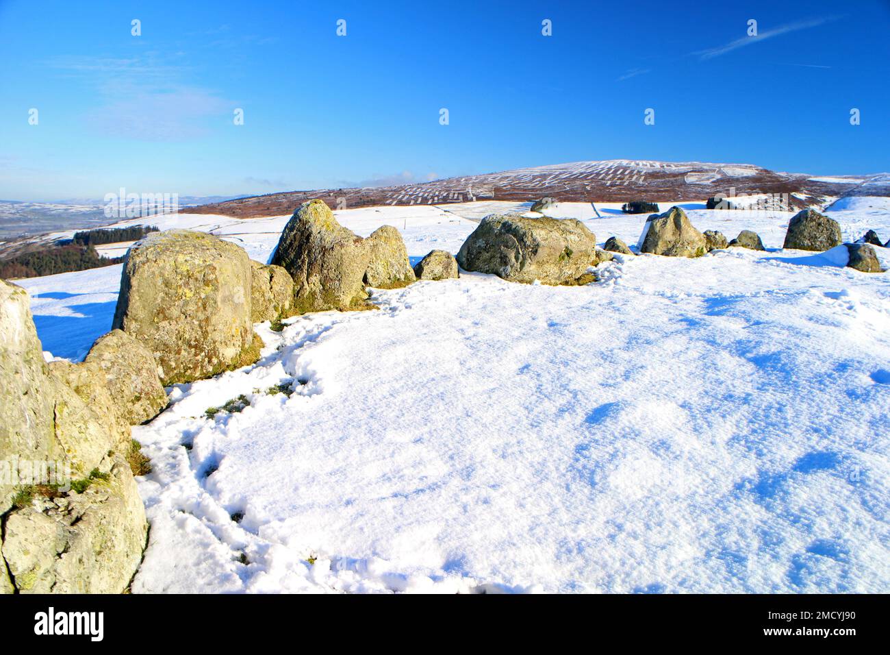 Moel Ty Uchaf Steinkreis im Winter, Llandrillo Stockfoto