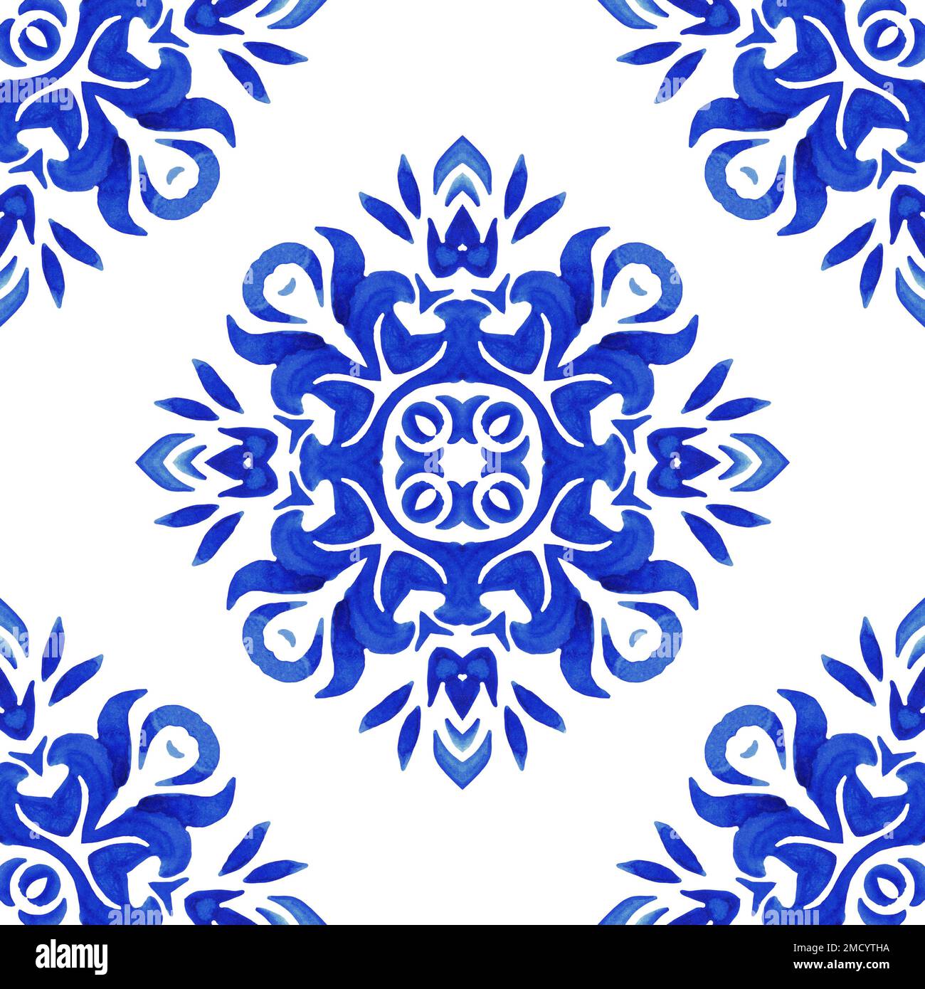 Aquarellblau, handgezeichnet. Nahtloses Muster, Fliesenverzierung. Abstrakter filigraner Hintergrund im persischen Stil. Blaues Asulejo portugiesisches Deko Stockfoto