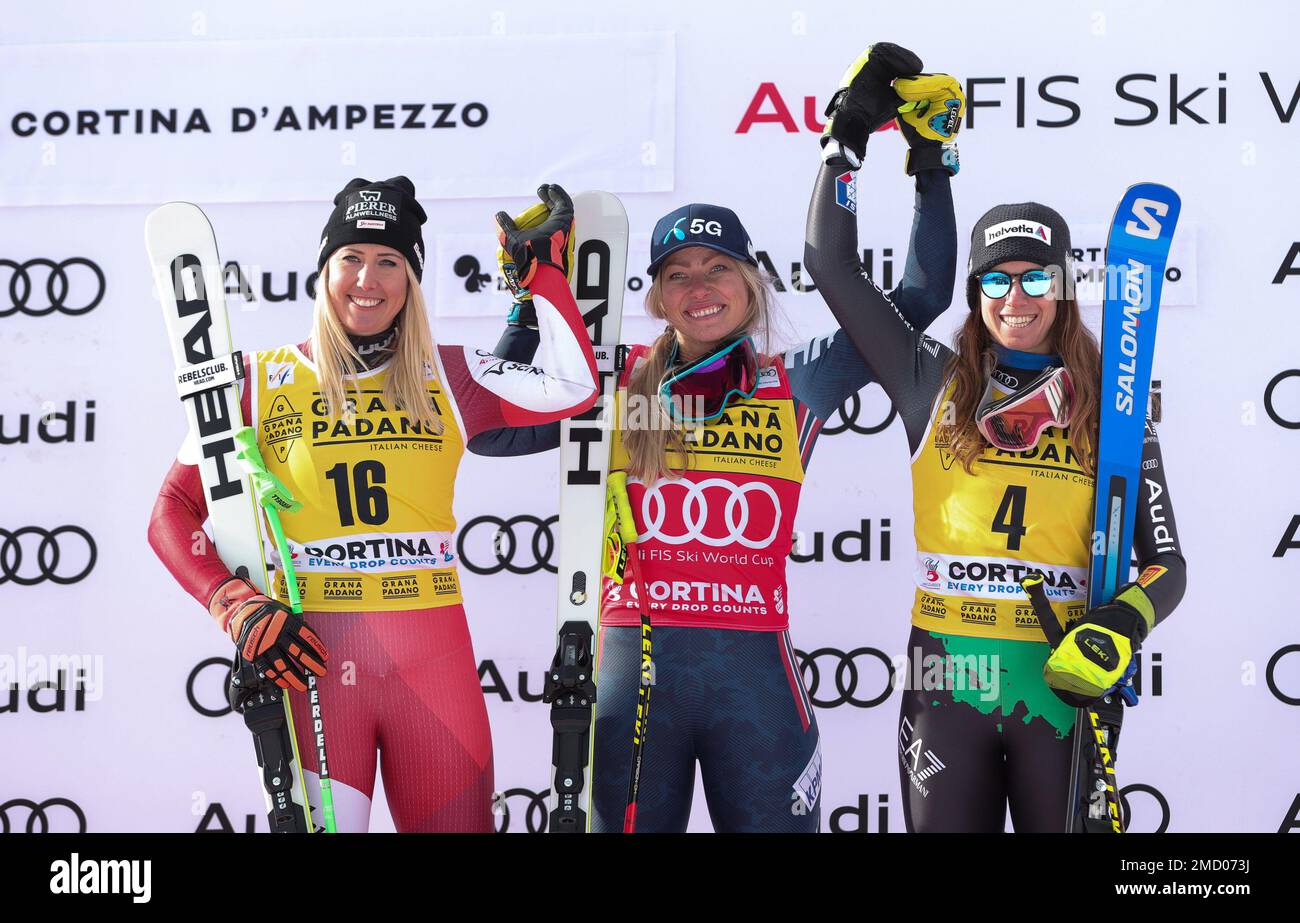 SKIFAHREN - FIS SKI WORLD CUP, &#XA;Frauen Super G&#XA;Olympia delle Tofane &#XA;Sonntag, 22. Januar&#XA;&#XA;Podium Women's Super G Stockfoto