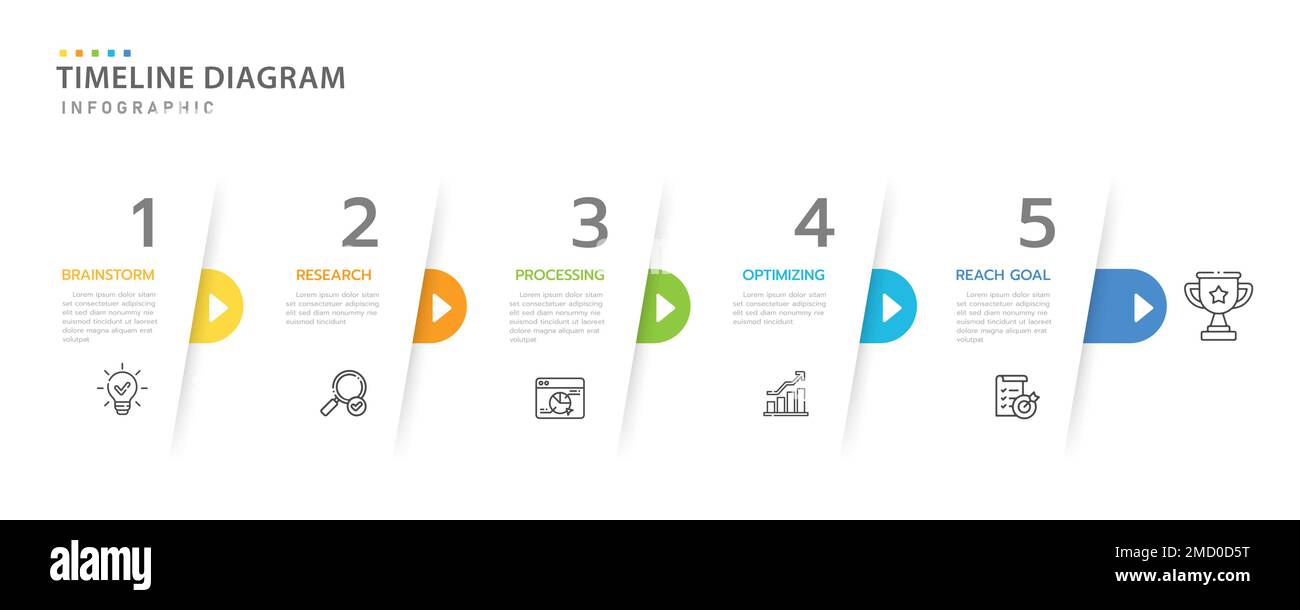 Infografik-Vorlage für Unternehmen. 5 Schritte modernes Zeitleistendiagramm mit Pfeil und Thema, Präsentationsvektor-Infografik Zeitleiste. Stock Vektor