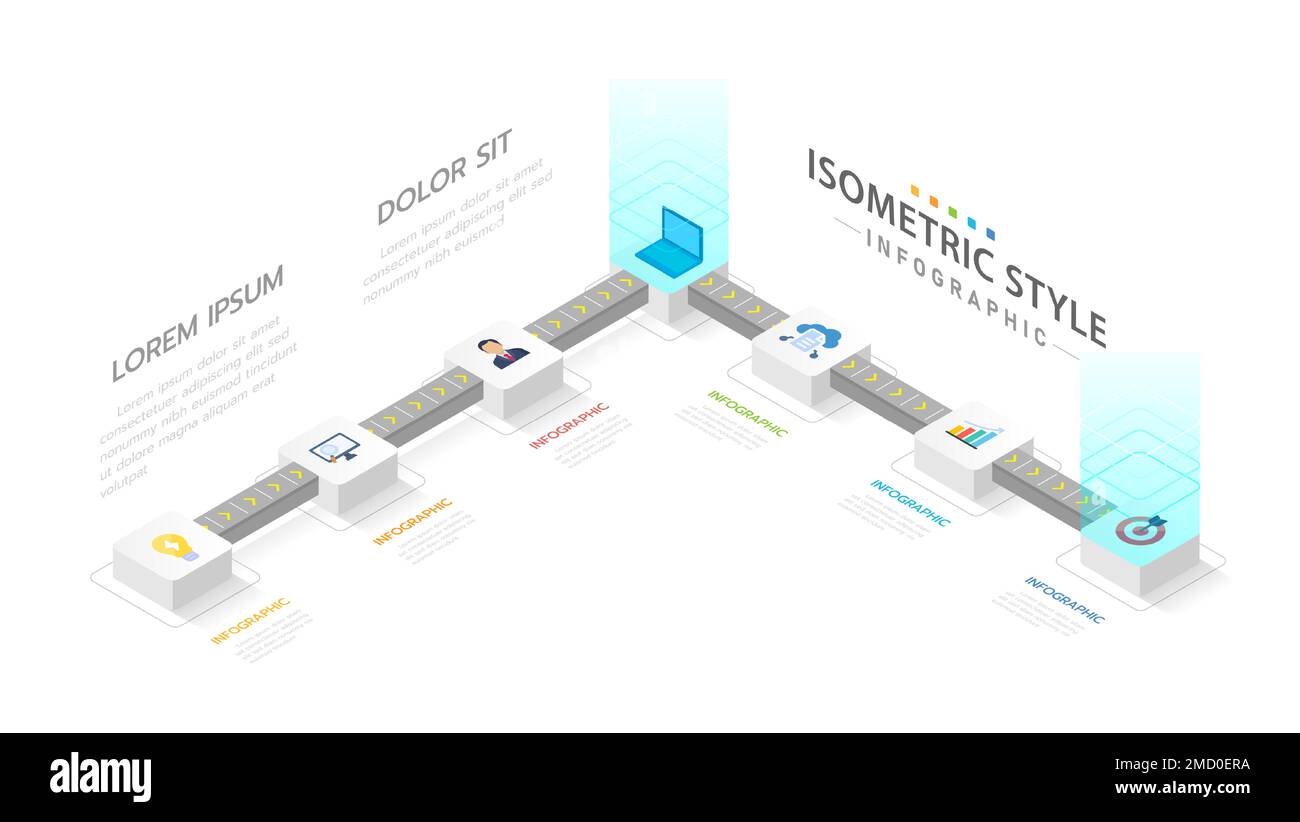 Infografik-Vorlage für Unternehmen. 6 Schritte modernes isometrisches Zeitliniendiagramm mit Förderkonzept, unternehmensweite isometrische Präsentationsvektoren infographi Stock Vektor