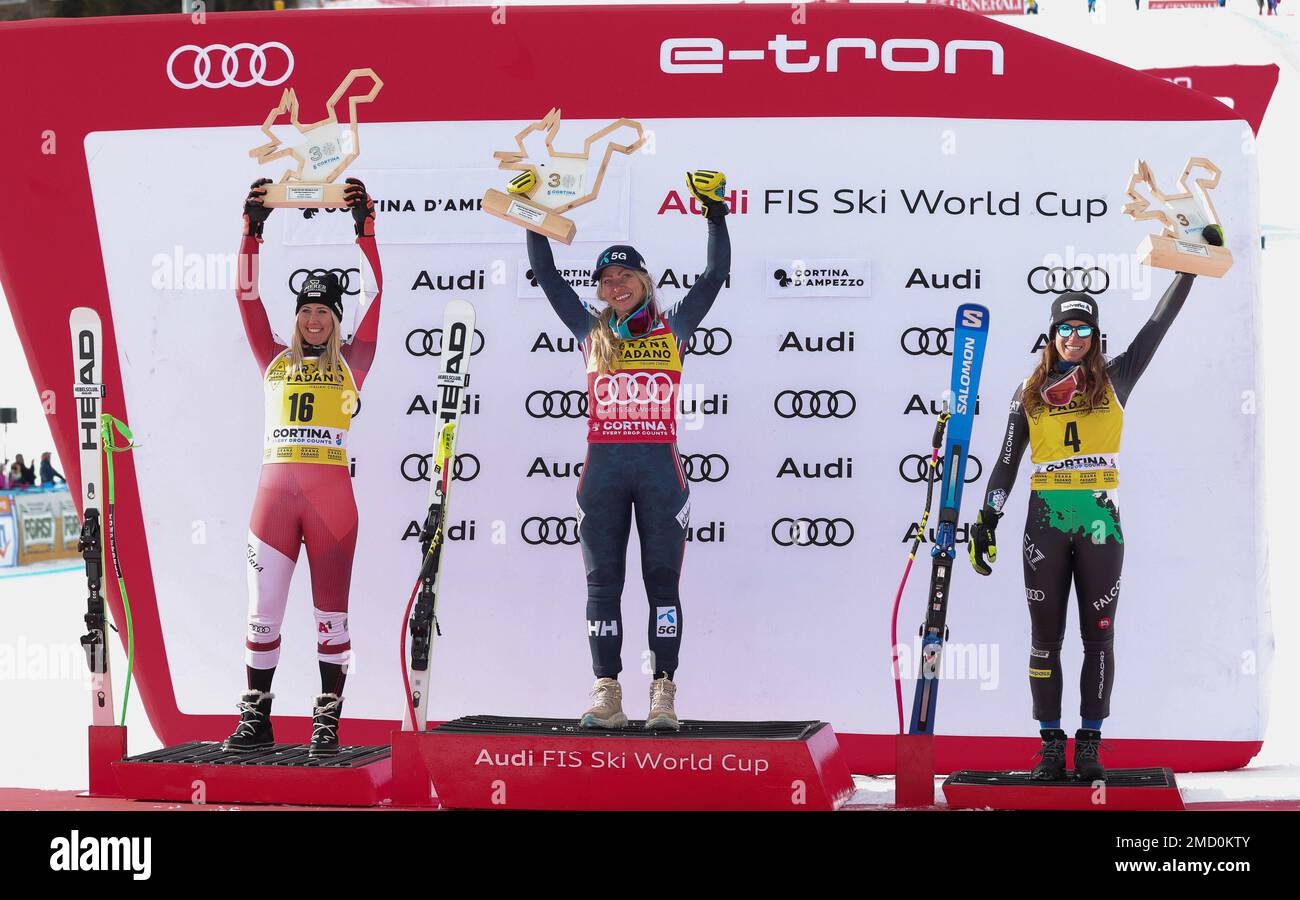 SKIFAHREN - FIS SKI WORLD CUP, &#XA;Frauen Super G&#XA;Olympia delle Tofane &#XA;Sonntag, 22. Januar&#XA;&#XA;Podium Women's Super G Stockfoto