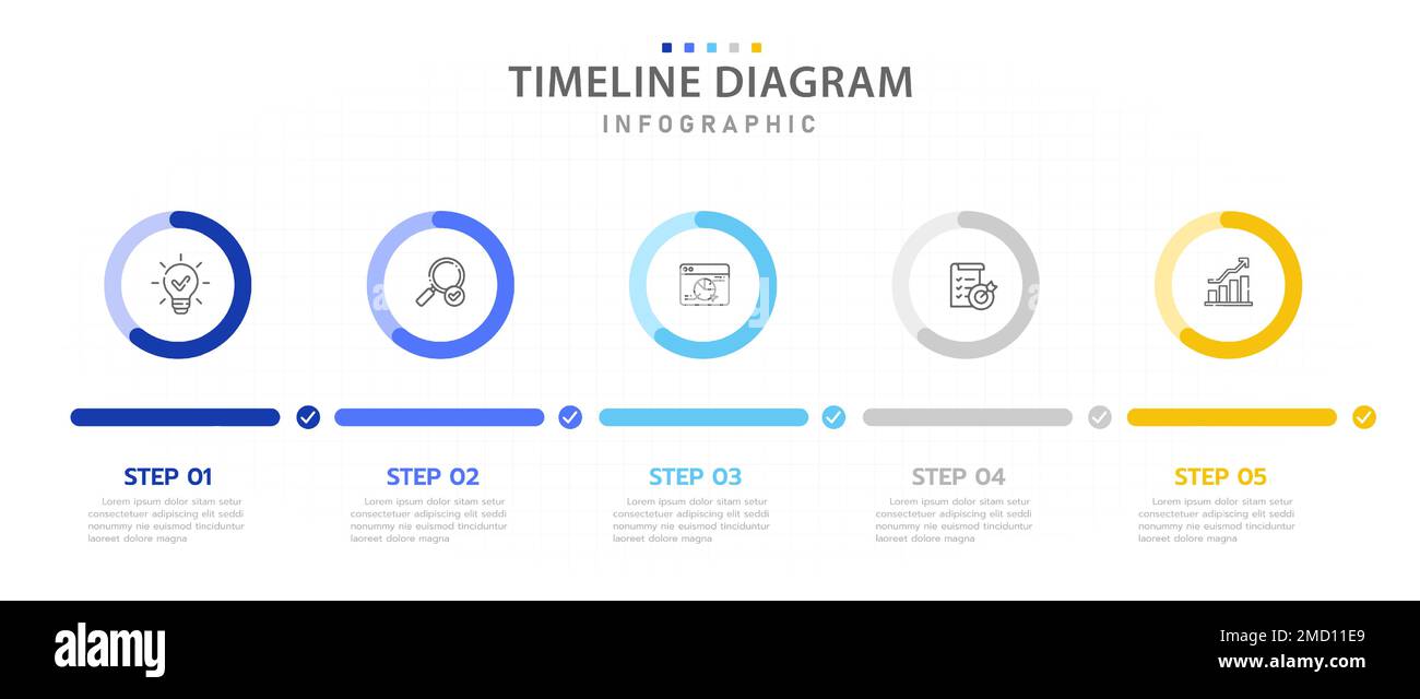 Infografik-Vorlage für Unternehmen. Modernes Zeitleistendiagramm mit 5 Schritten und Kreisdiagramm in Prozent, Infografik mit Präsentationsvektoren. Stock Vektor