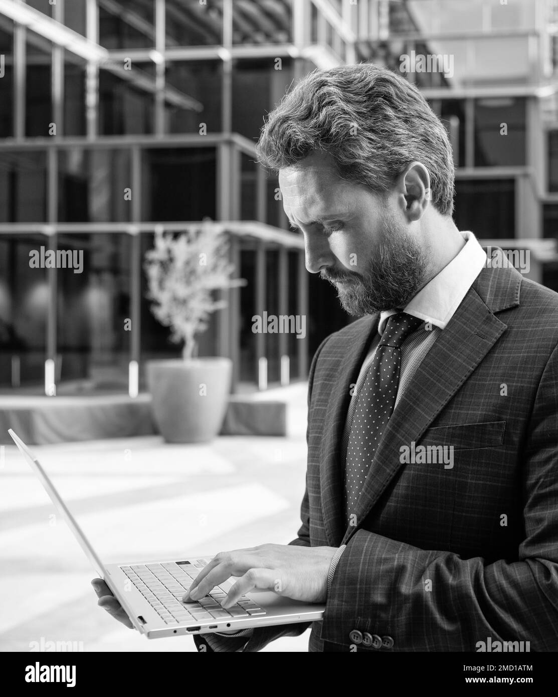 Erfolgreicher bärtiger Geschäftsmann in formellem Anzug, der online am Computer, im Internet arbeitet Stockfoto