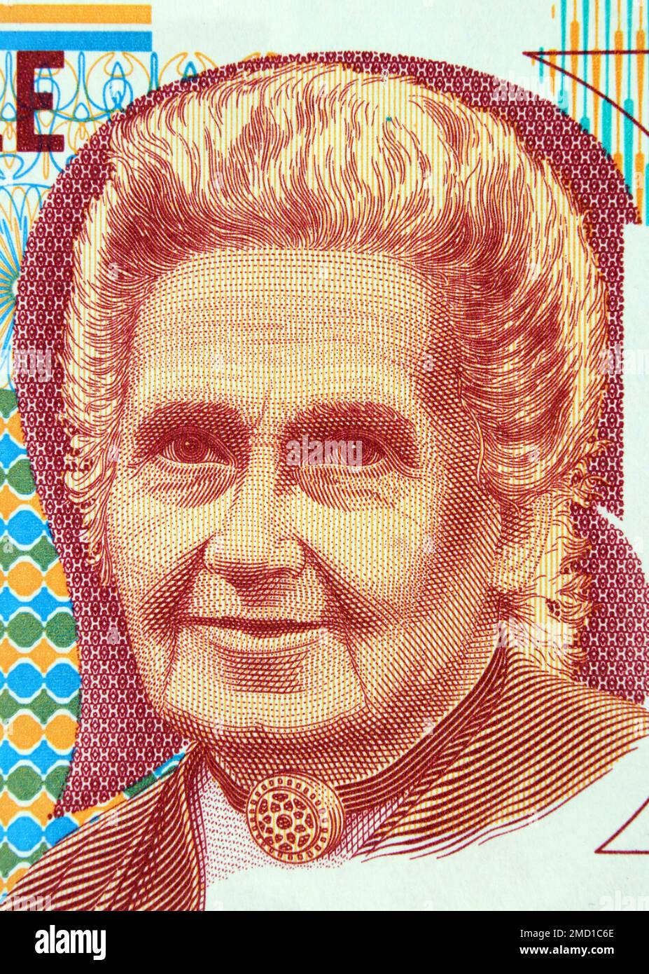 Maria Montessori, italienische Pädagogin, porträtiert auf einer alten Tausend-Lire-Banknote von der Bank von Italien Stockfoto