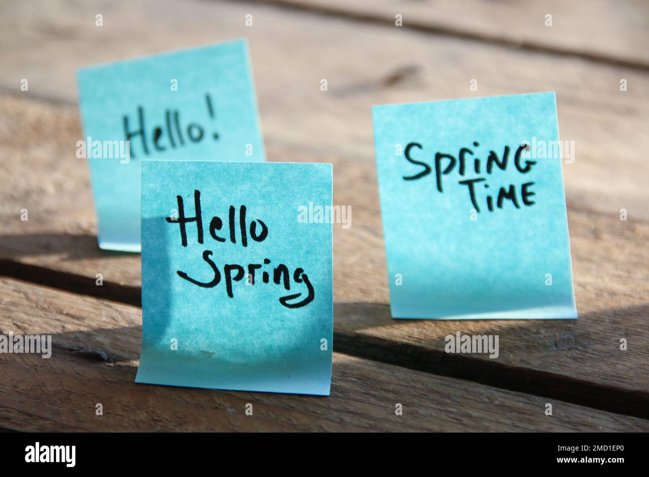 Hallo Frühlingskonzept! Die Inschrift auf dem blauen Schild. Stockfoto