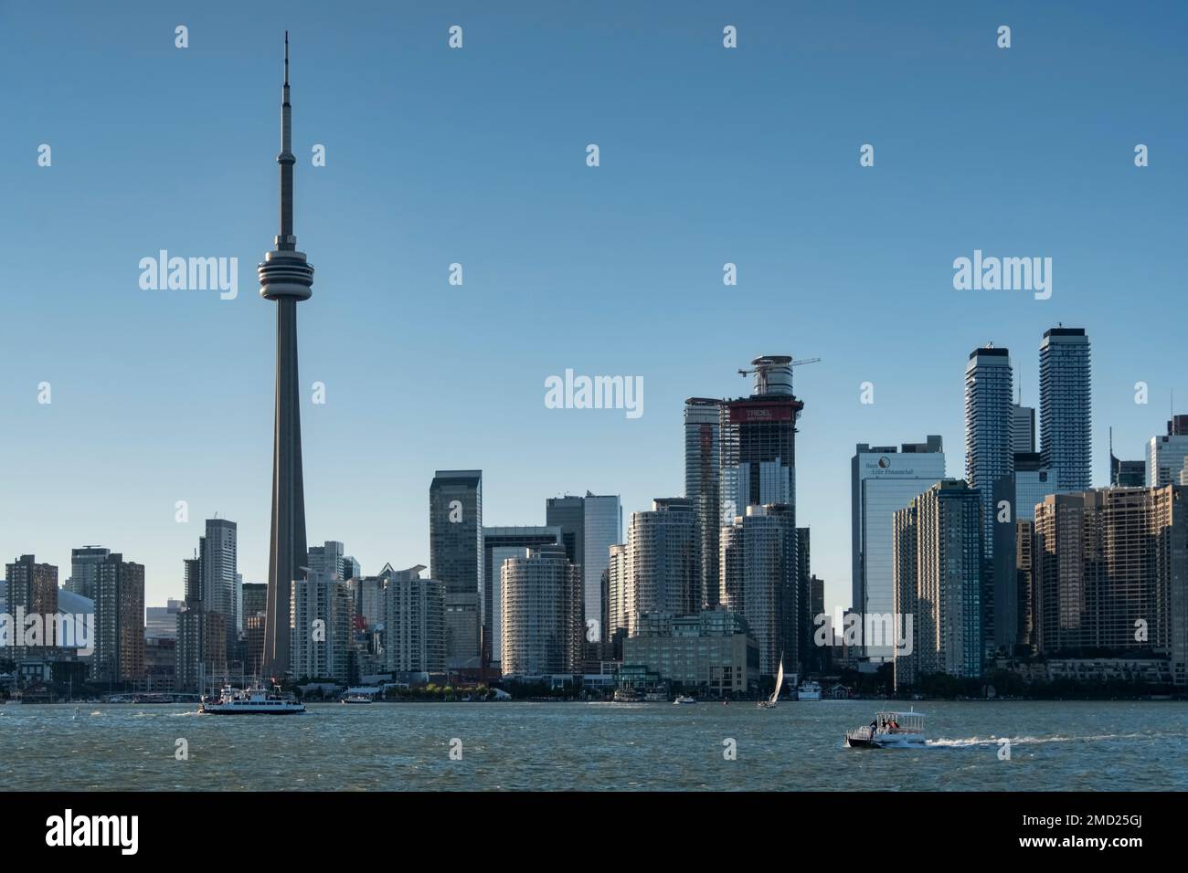 Skyline von Toronto ab Lake Ontario mit CN Tower, Toronto, Ontario, Kanada Stockfoto
