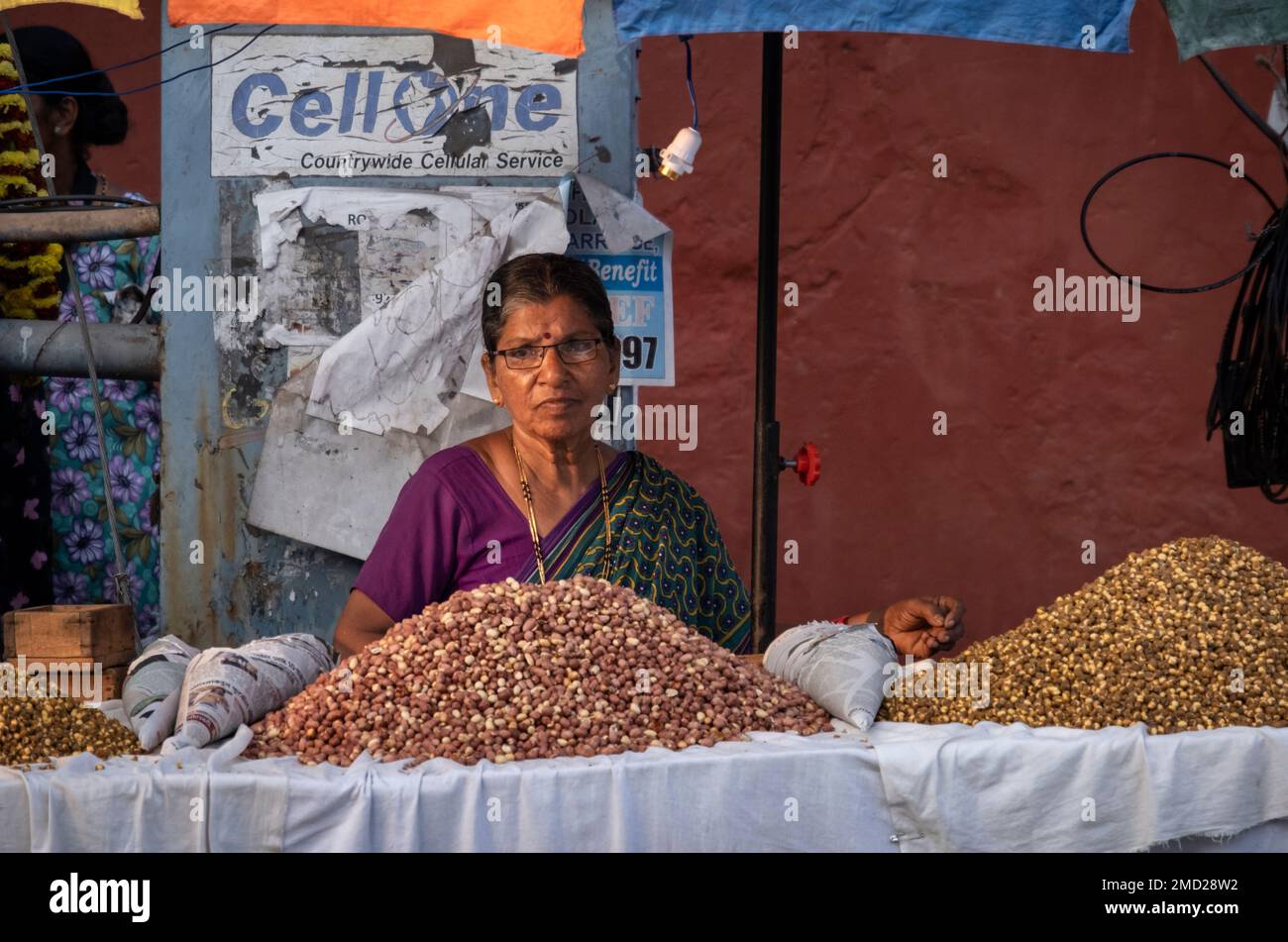 Indische Frau, die Nuts an einem Verkaufsstand in Panjim City (Panaji), Goa, Indien, Asien verkauft Stockfoto