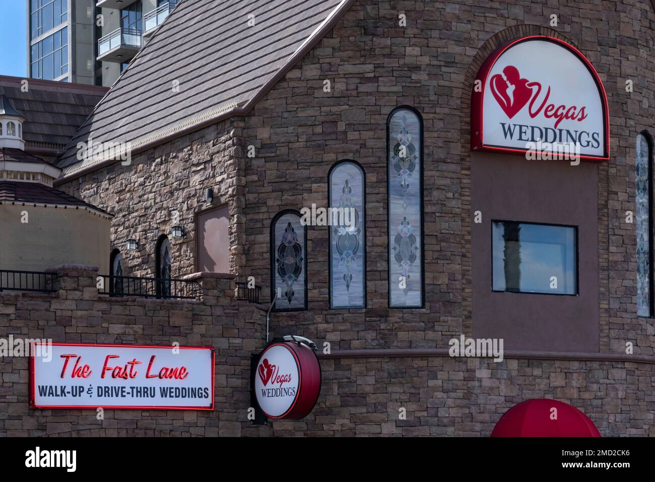 Ein Drive Thru Hochzeitsort, Vegas Hochzeiten, Bonneville Avenue, Las Vegas Nevada, USA Stockfoto