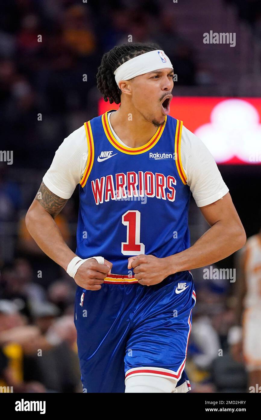Golden State Warriors guard Damion Lee (1) against the Atlanta Hawks during an NBA basketball game in San Francisco, Monday, Nov. 8, 2021. (AP Photo/Jeff Chiu) Stockfoto