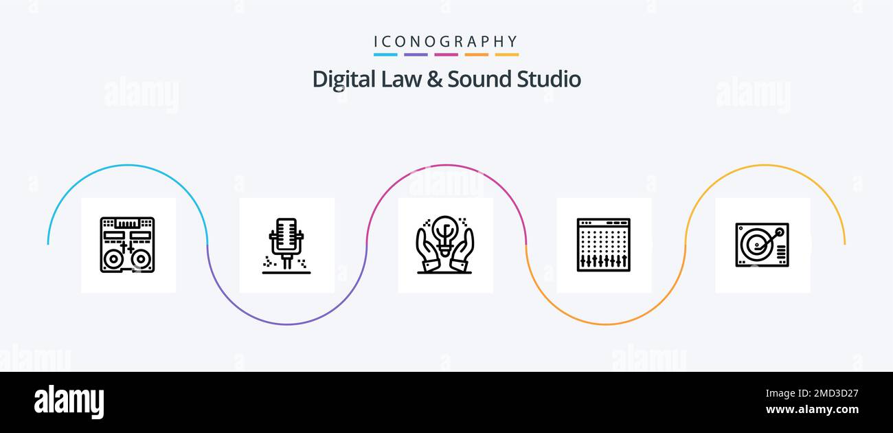 Digital Law and Sound Studio Line 5 Icon Pack mit Mixer. Steuerung. Aufnahme. Kontrolle. Die Hand Stock Vektor