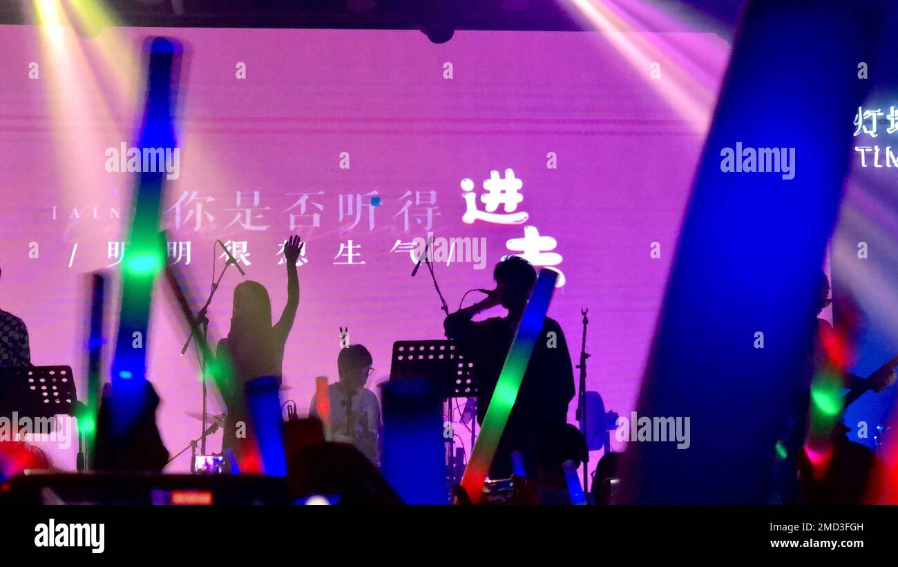 Leute mit bunten Leuchtstäbchen, die eine Aufführung im Nachtclub besuchen (Nachtleben und Unterhaltung) Stockfoto