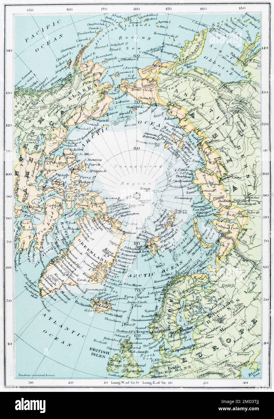 Alte Atlas-Karte des Nordpols/Arktischen Ozeans, 1913. Die Militarisierung und kommerzielle Ausbeutung der sich wandelnden Nordpolarregion nimmt zu. Stockfoto