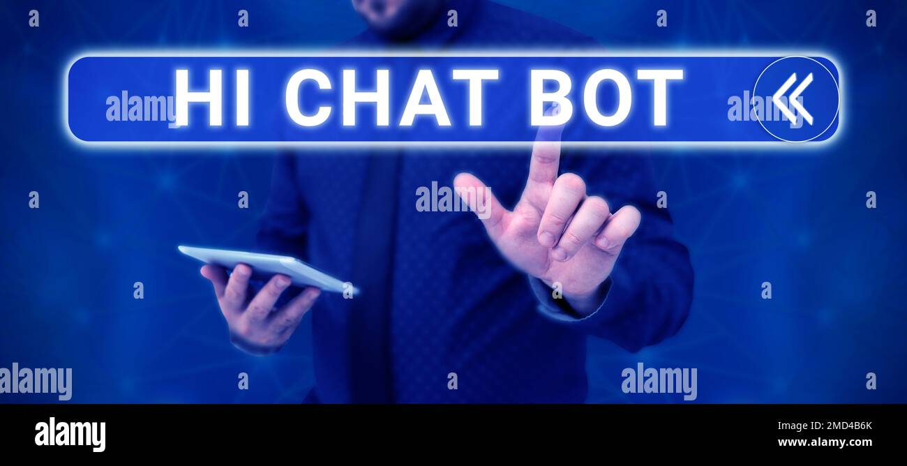 Schild mit der Aufschrift „Hi Chat bot. Ein Wort auf der Begrüßung an eine Robotermaschine, die auf eine gesendete Nachricht antwortet Stockfoto