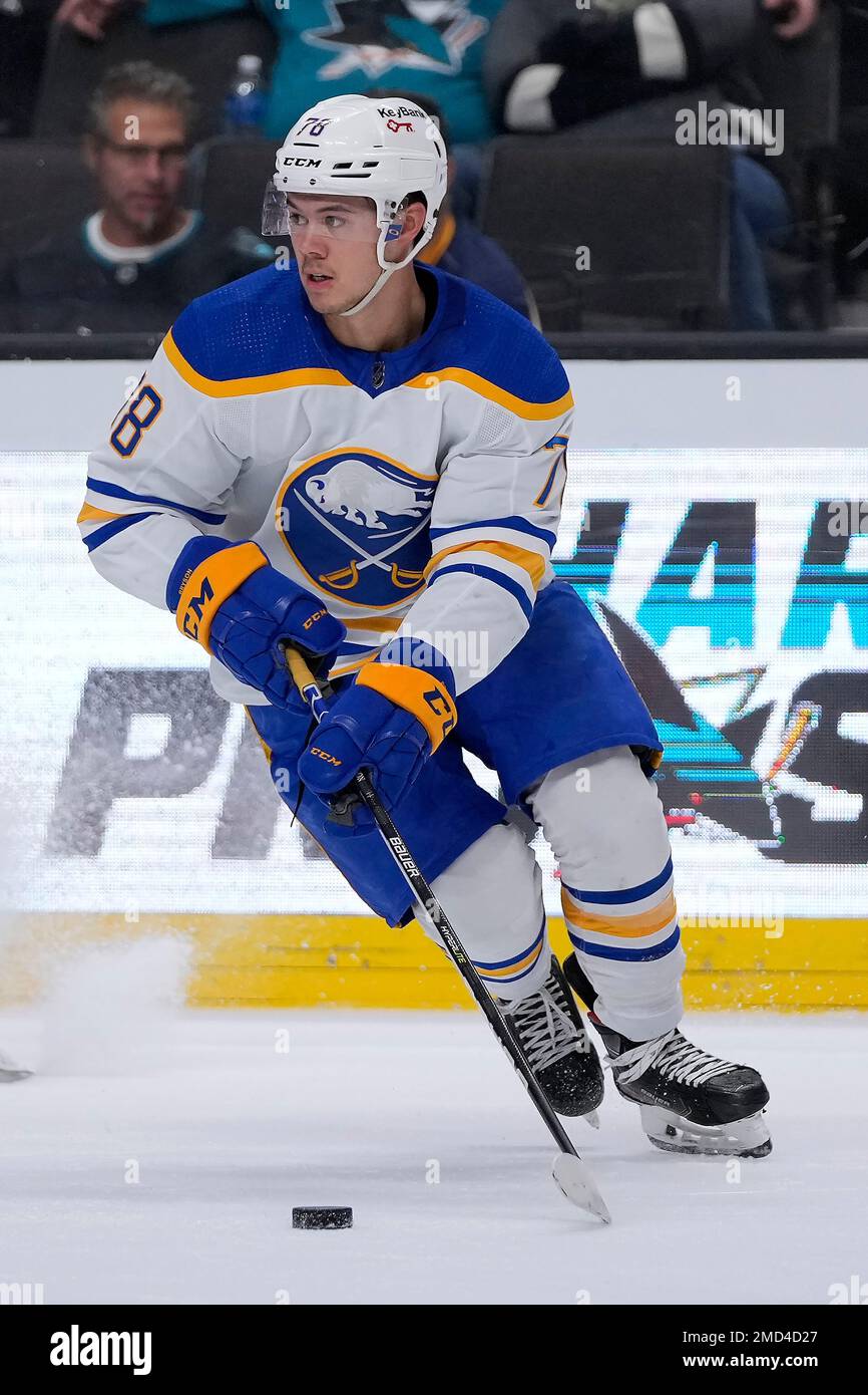 Buffalo Sabres defenseman Jacob Bryson (78) skates against the San Jose Sharks during an NHL hockey game Tuesday, Nov. 2, 2021, in San Jose, Calif. (AP Photo/Tony Avelar) Stockfoto