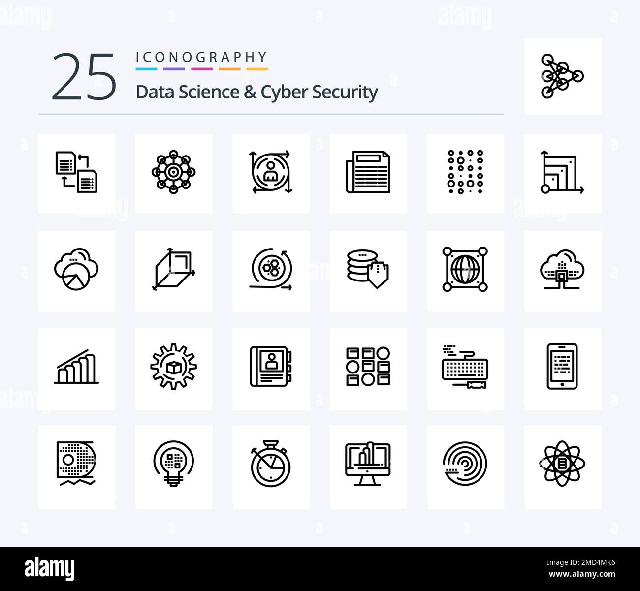 Symbolpaket für Data Science und Cyber Security 25 Line, einschließlich Instruktur-Daten. Unstrukturiert. Benutzer. Dokument. nachrichten Stock Vektor