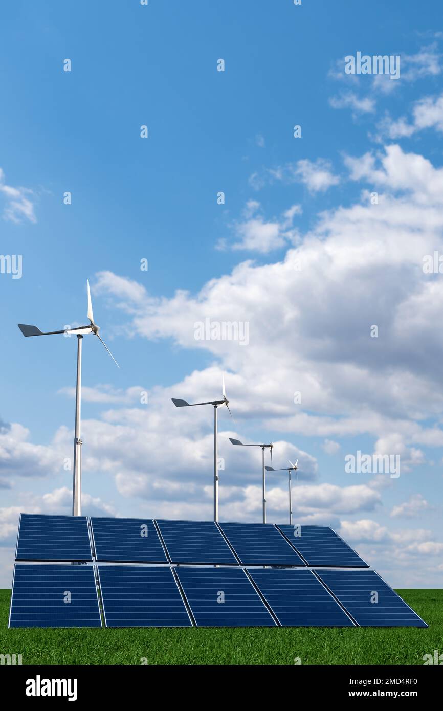 Sonnenkollektoren und Windturbinen auf einem grünen Feld. Konzept für saubere erneuerbare Energien Stockfoto