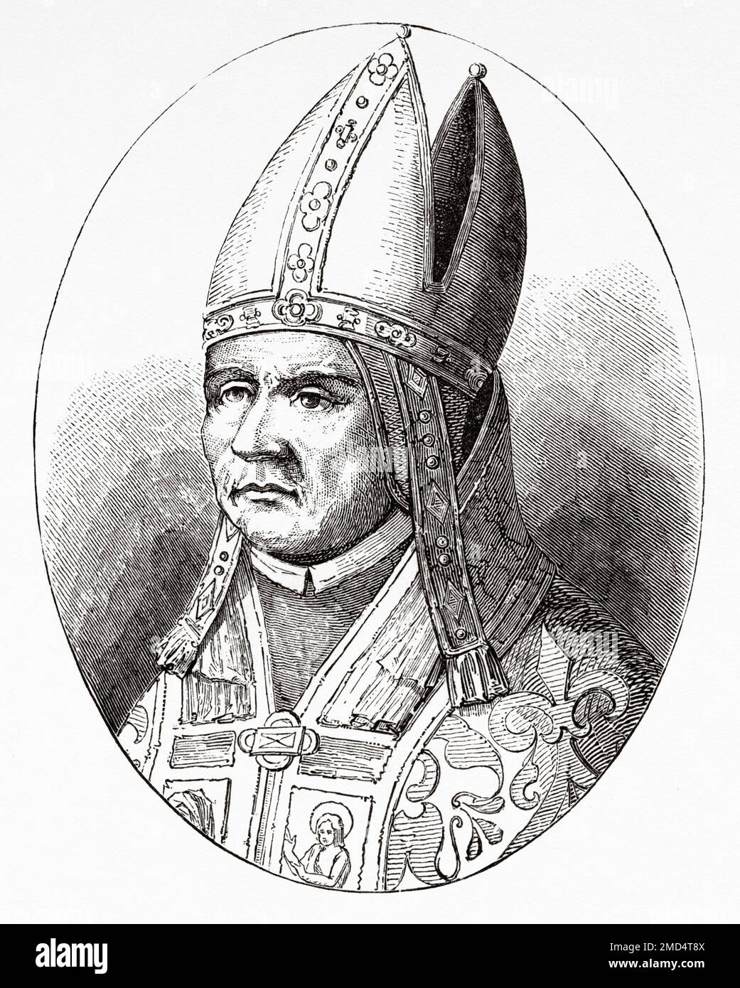 Porträt des Papst Sylvester I (285-335) Bischofs von Rom. Fresken der Papstbasilika von St. Paul vor den Mauern, die weithin als St. Paul's bekannt sind, vor den Mauern, Rom. Die Kunst des Mittelalters und zur Zeit der Renaissance von Paul Lacroix, 1874 Stockfoto