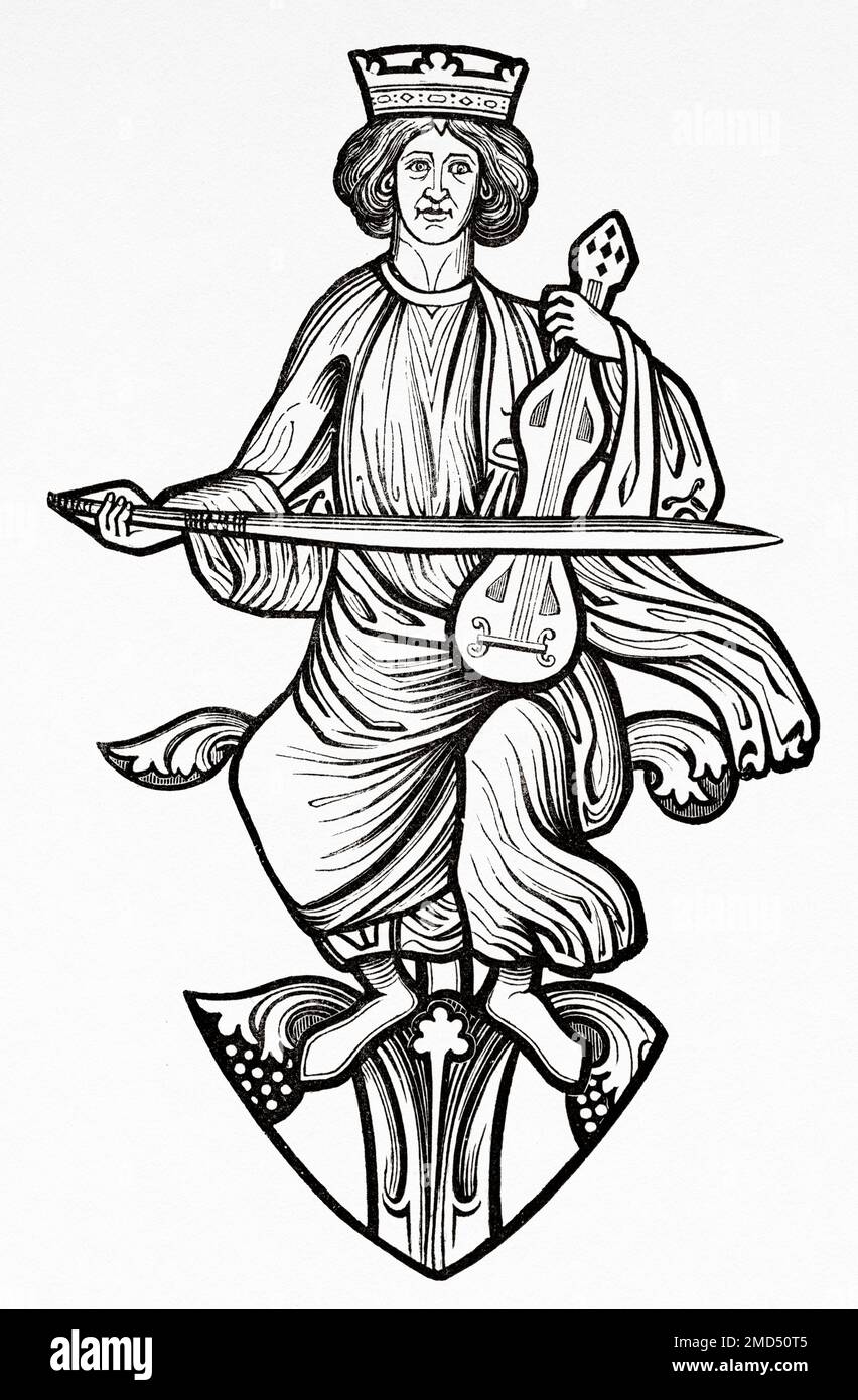 King David spielt im 13. Jahrhundert. Fenster in der Kapelle der Jungfrau, Kathedrale von Troyes. Die Kunst des Mittelalters und zur Zeit der Renaissance von Paul Lacroix, 1874 Stockfoto