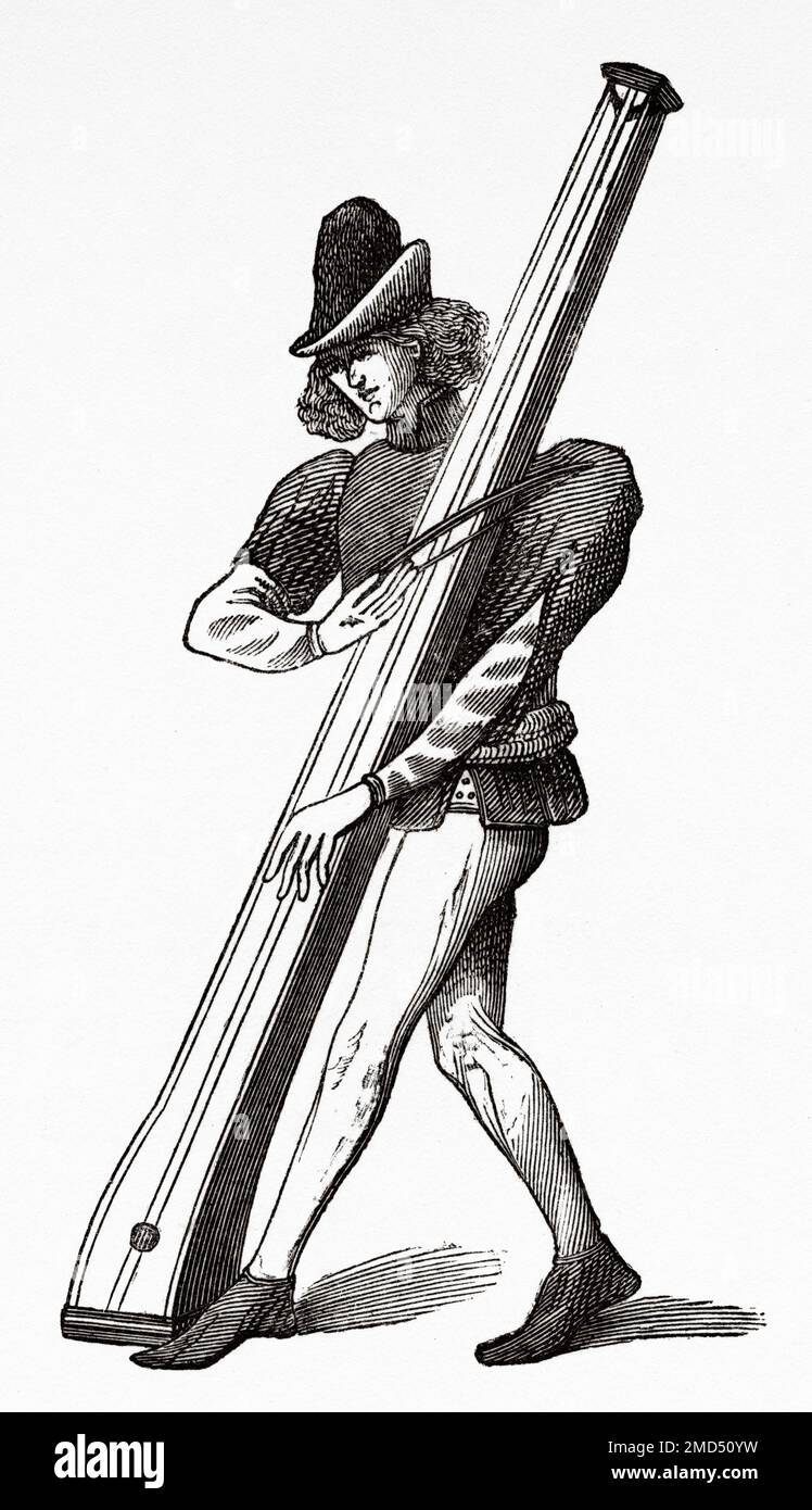 Ein Mann, der einen langen Monochord mit Schleife spielt, 15. Jahrhundert. Die Kunst des Mittelalters und zur Zeit der Renaissance von Paul Lacroix, 1874 Stockfoto
