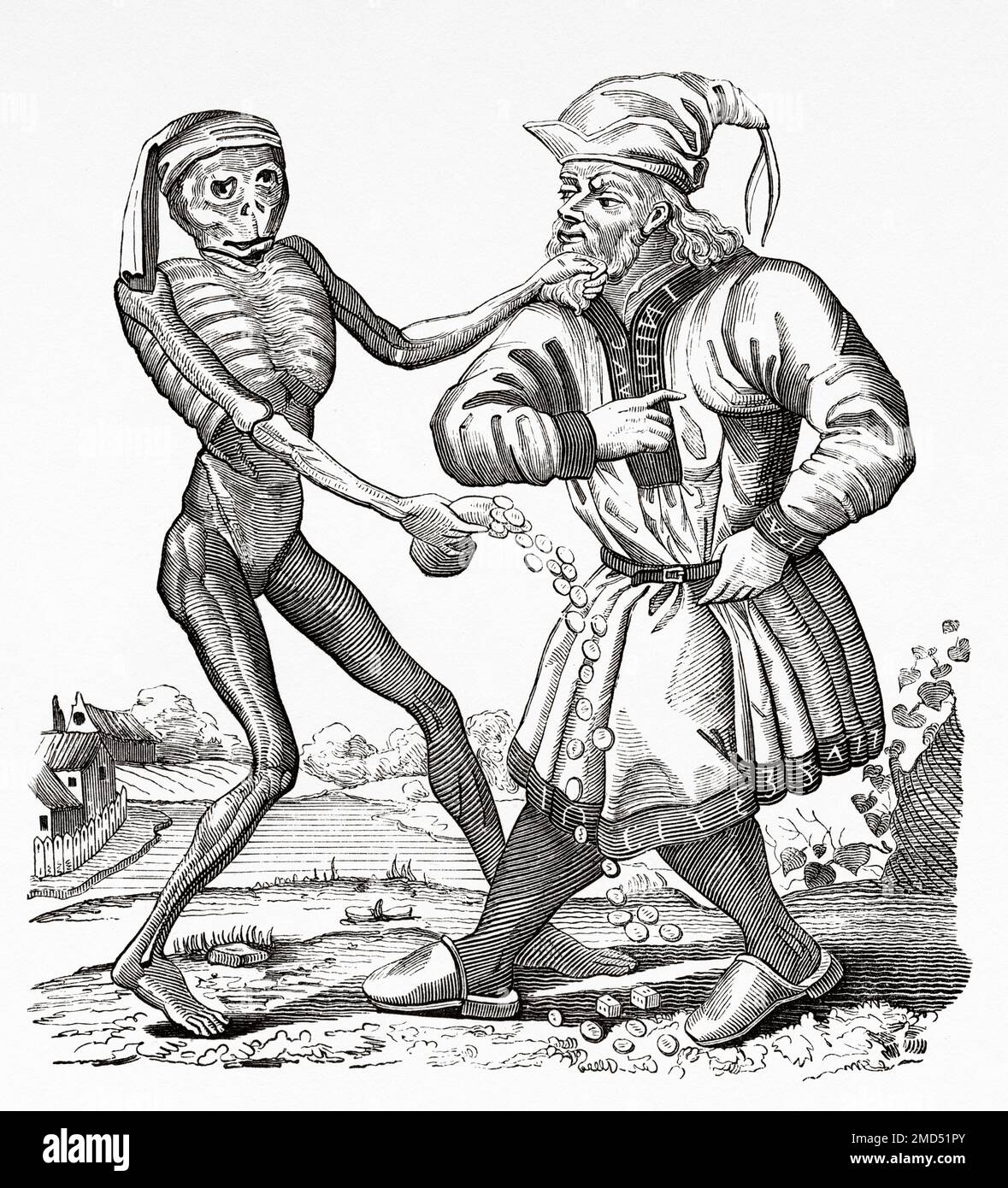 Der Jude und der Tod, Szene aus Danse Macabre gemalt auf dem Dominikanischen Friedhof Basel, 1441, Schweiz. Die Kunst des Mittelalters und zur Zeit der Renaissance von Paul Lacroix, 1874 Stockfoto