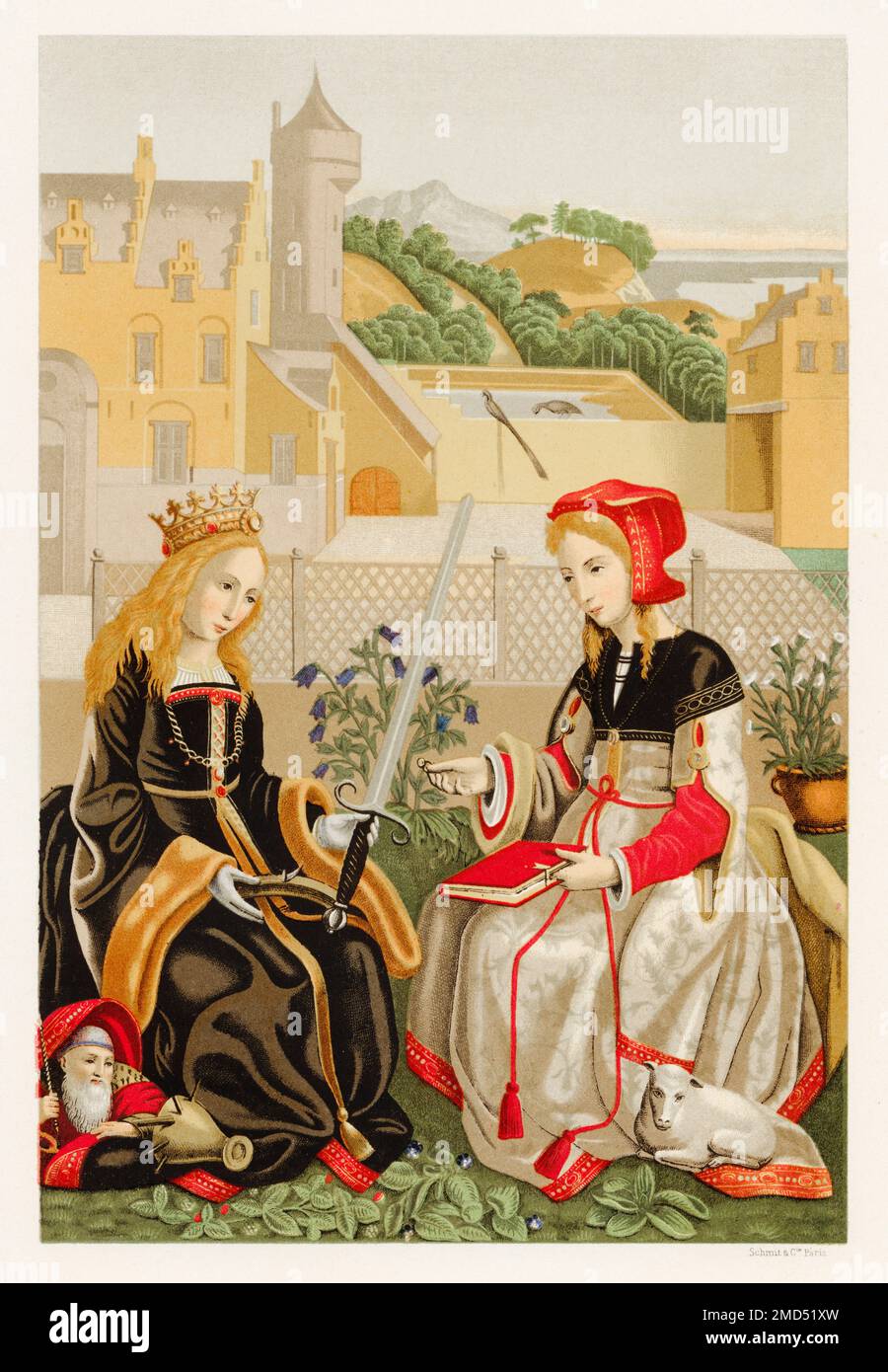 St. Katharina von Alexandria und St. Agnes von Rom, 15. Jahrhundert. Die Arbeit wurde Marguerite van Eyck zugeschrieben. Die Kunst des Mittelalters und zur Zeit der Renaissance von Paul Lacroix, 1874 Stockfoto