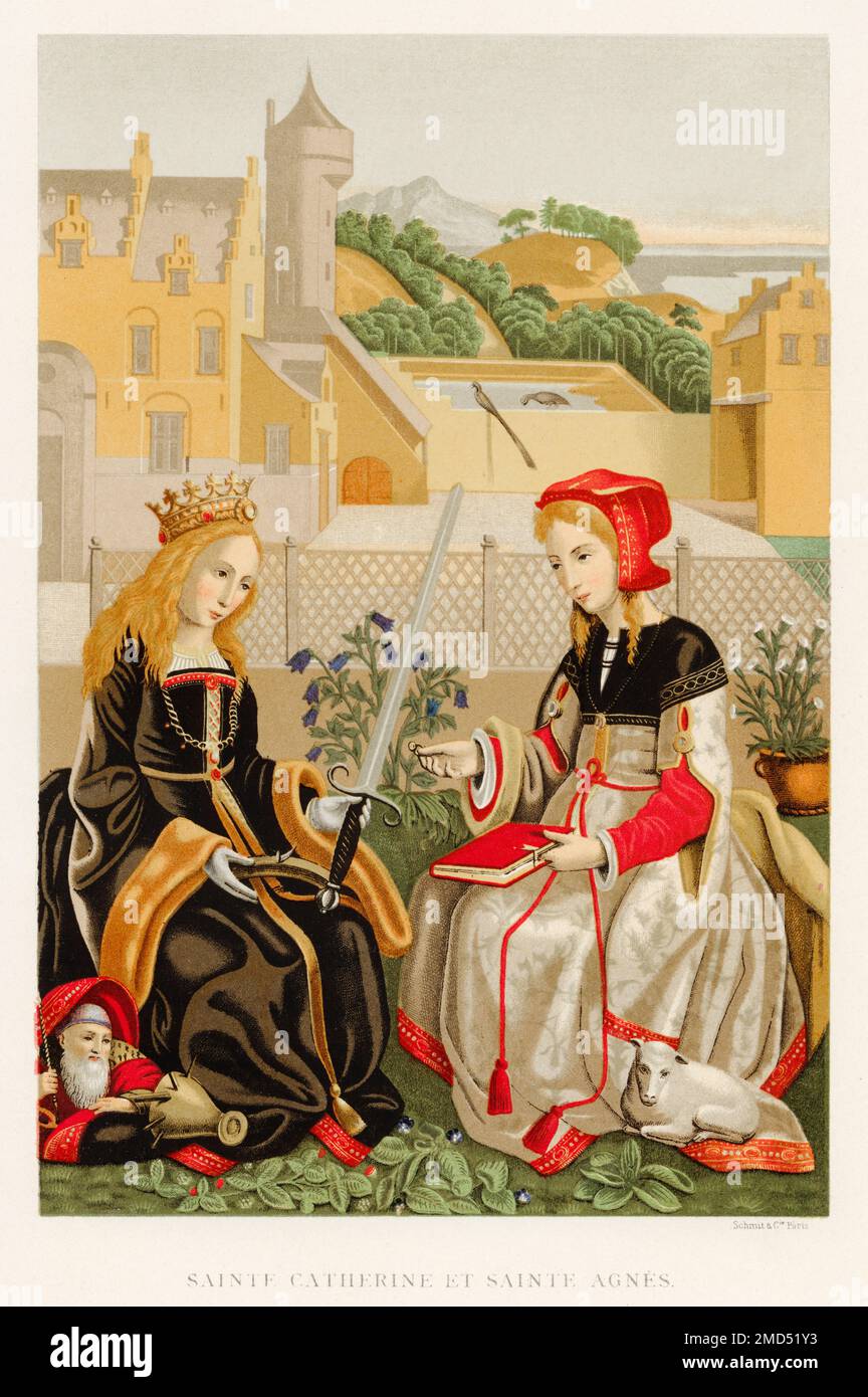 St. Katharina von Alexandria und St. Agnes von Rom, 15. Jahrhundert. Die Arbeit wurde Marguerite van Eyck zugeschrieben. Die Kunst des Mittelalters und zur Zeit der Renaissance von Paul Lacroix, 1874 Stockfoto