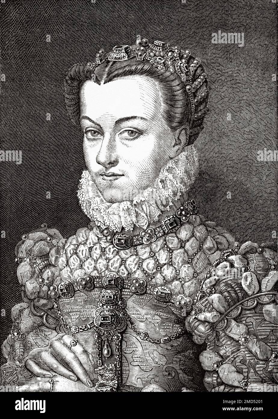 Elisabeth von Österreich (1554-1592) war von 1570 bis 1574 Königin von Frankreich als Ehefrau von König Karl IX Als Mitglied des Hauses Habsburg war sie die Tochter des Heiligen römischen Kaisers Maximilian II. Und Maria von Spanien von Francois Clouet. Die Kunst des Mittelalters und zur Zeit der Renaissance von Paul Lacroix, 1874 Stockfoto