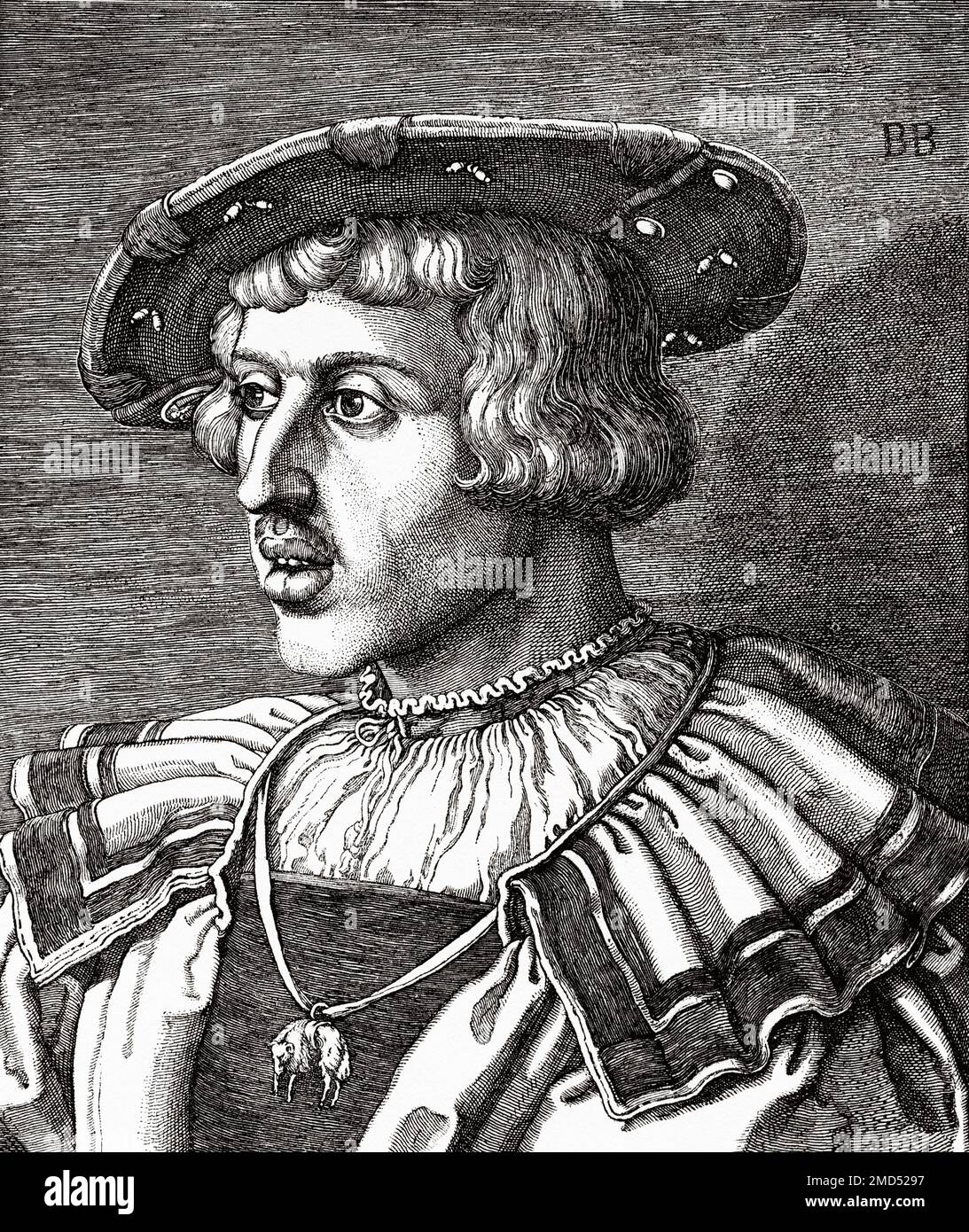 Portrait von Ferdinand I (1503-1564) 31. Heiliger römischer Kaiser, von Barthel Beham (1502-1540) 1531. War der Sohn von Philip I. von Kastilien und Königin Joanna I. von Kastilien, Enkel von Kaiser Maximilian I. und jüngerer Bruder des zukünftigen Kaisers Charles V. die Kunst des Mittelalters und zur Zeit der Renaissance von Paul Lacroix, 1874 Stockfoto