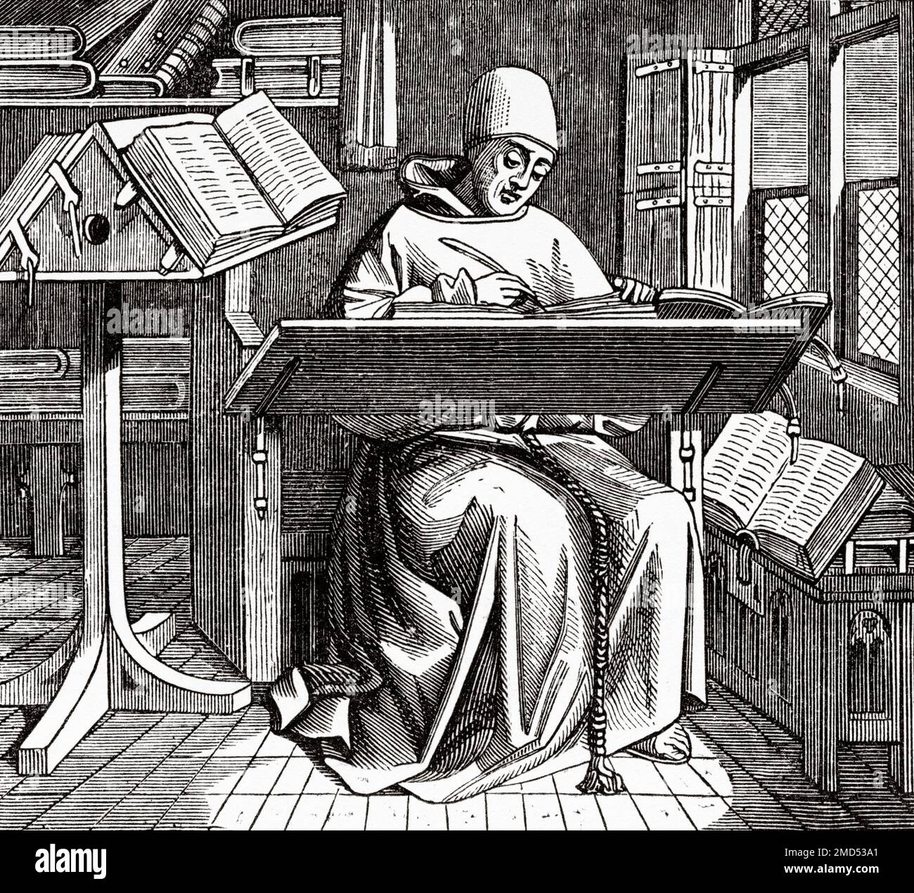 Schriftsteller oder Copyist in seinem Arbeitszimmer, umgeben von offenen Manuskripten und auf einem Schreibtisch, 15. Jahrhundert. Die Kunst des Mittelalters und zur Zeit der Renaissance von Paul Lacroix, 1874 Stockfoto