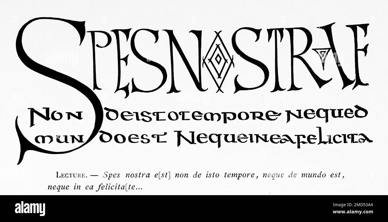 Schriftzug aus dem 6. Jahrhundert in Großbuchstaben aus einem Papyrus-Manuskript des Manuskripts der Predigten von St. Augustine. Die Kunst des Mittelalters und zur Zeit der Renaissance von Paul Lacroix, 1874 Stockfoto