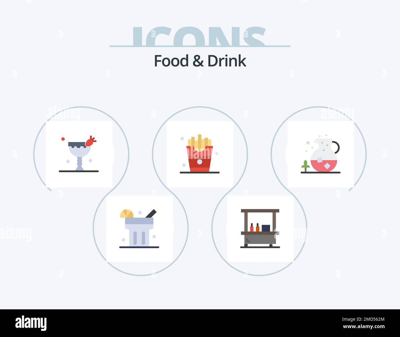 Essen Und Trinken Flat Icon Pack 5 Icon Design. pommes frites. Essen Sie. Trinken Sie. Essen Sie Stock Vektor