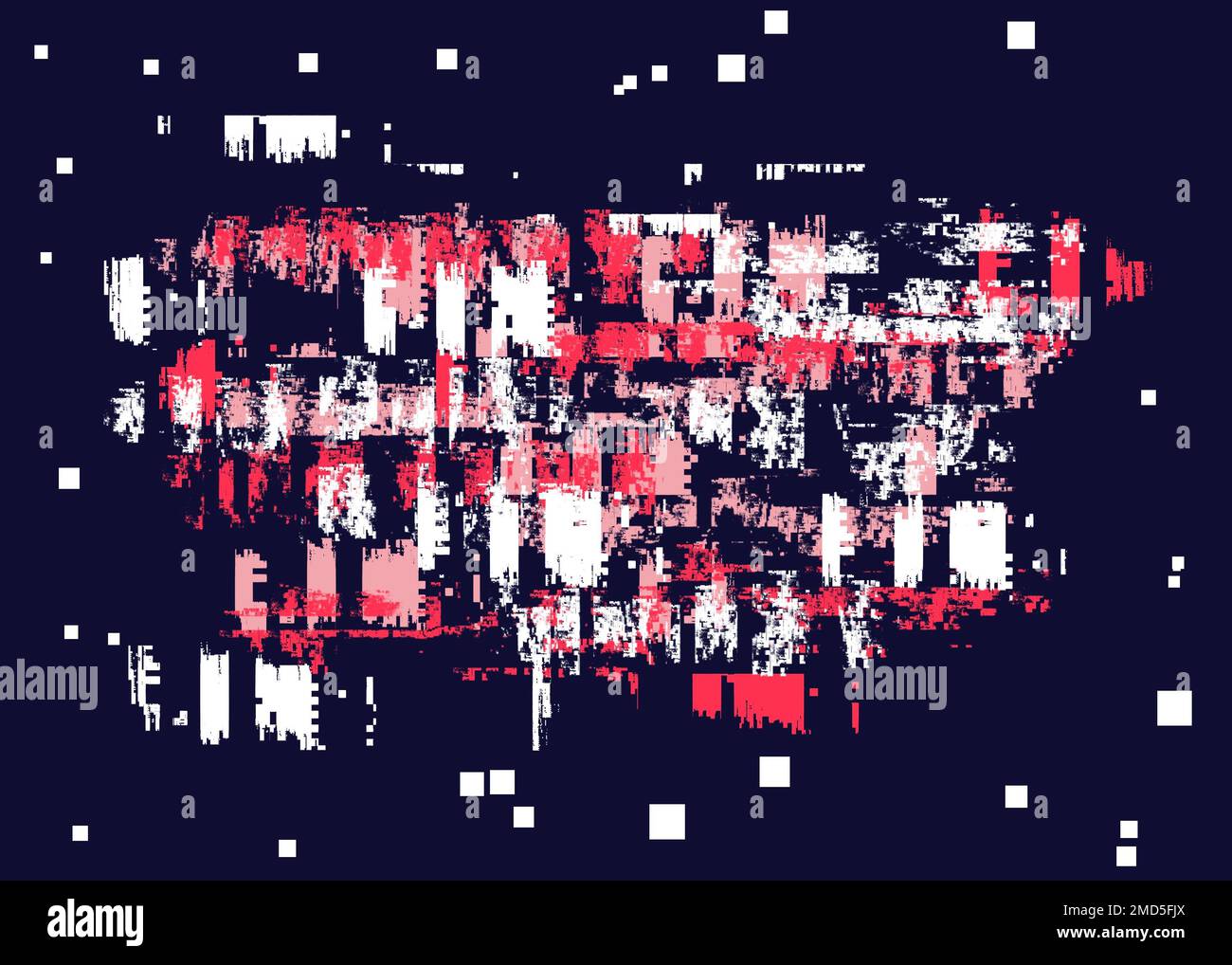 Tech Texture mit Neon-Konturen. Abstraktes Hintergrundmuster mit leuchtend roten und weißen Elementen. Bildschirmfehler prüfen. Stockfoto