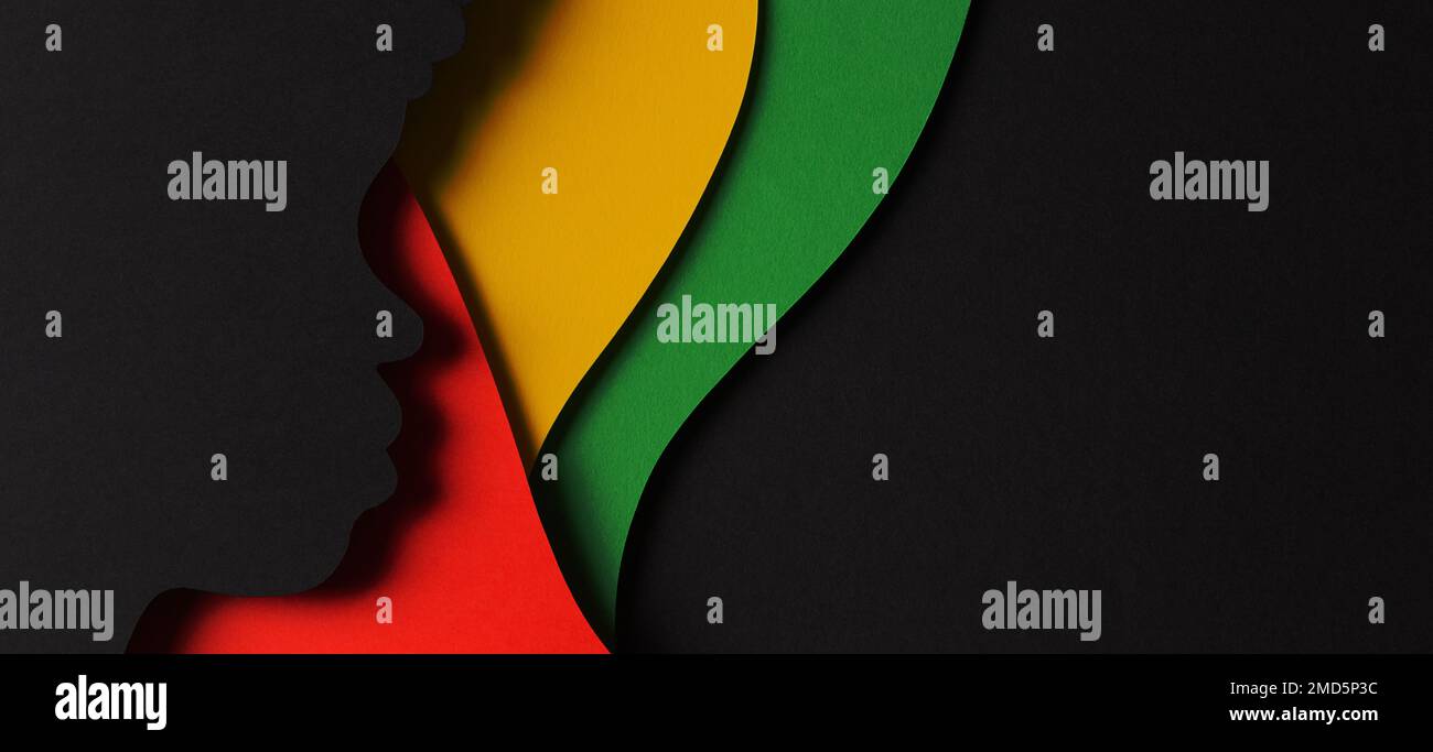 Schwarzer Hintergrund für Verlauf Monat. Afroamerikaner-Geschichtsfeier. Abstrakter geometrischer roter, gelber, grüner Hintergrund mit schwarzem Papier Stockfoto
