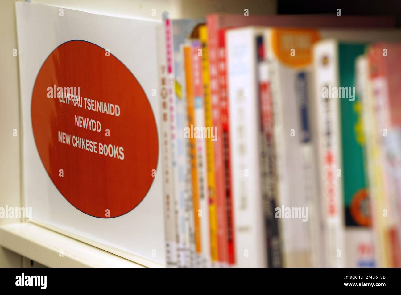 Die Spines of New Chinese Books in der Cardiff Central Library, Cardiff, Wales Stockfoto