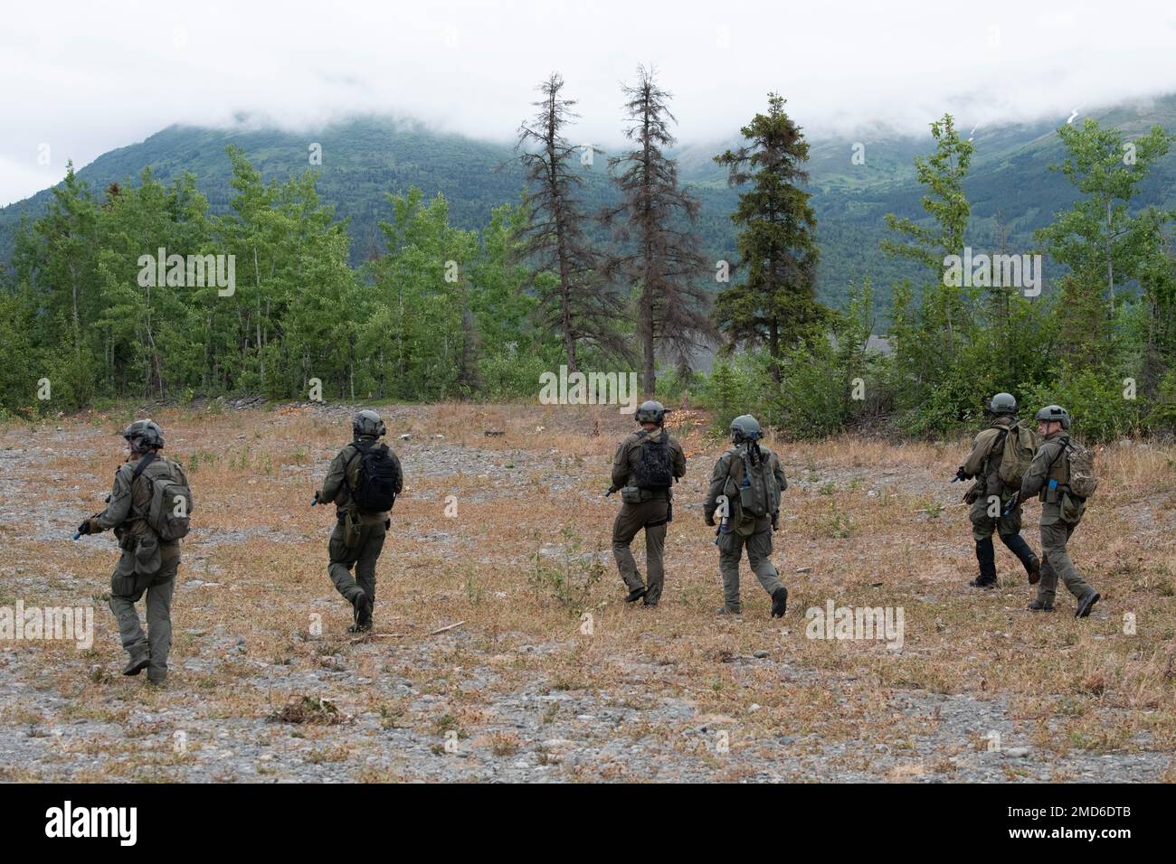 Offiziere des Spezialwaffenkommandos der Polizei von Anchorage (SWAT) patrouillieren während einer Ausbildungsübung für ländliche Einsätze auf der Gemeinsamen Basis Elmendorf-Richardson, Alaska, 13. Juli 2022. Die ausgedehnten und strengen Ausbildungsbereiche von JBER boten den idealen Rahmen für örtliche Einsatzteams der Strafverfolgungsbehörden, da sie ihre Fähigkeiten im ländlichen Bereich, Aufgabenplanung, Aufklärung, Sicherheitsverfahren für Hubschrauber, Landnavigation, Team-Bewegung und Patrouille. Stockfoto