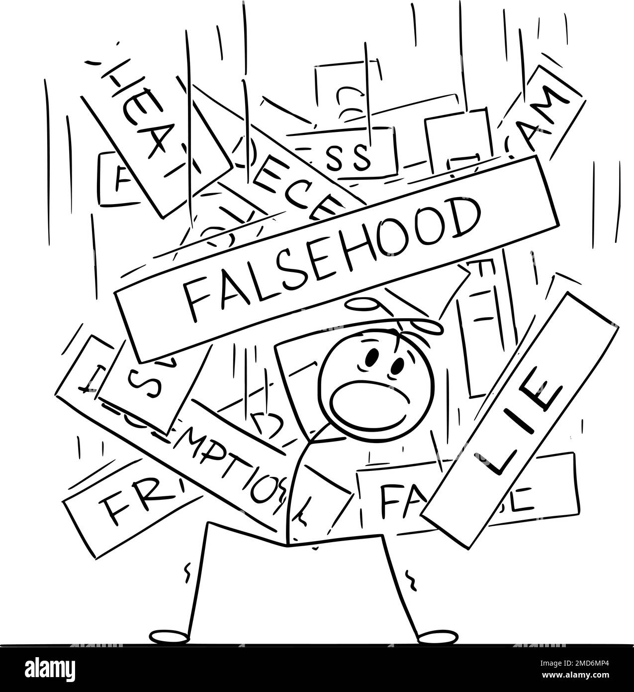 "Person begraben unter Lügen und Falsehood", "Vector Cartoon Stick
