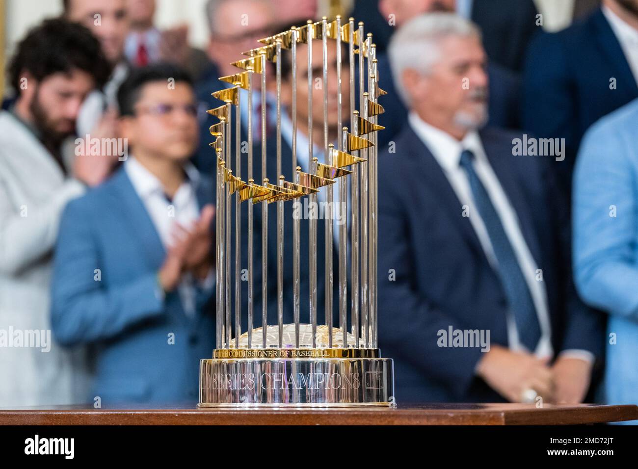 Reportage: Präsident Joe Biden spricht während des Besuchs der Atlanta Braves 2021 World Series Championship am Montag, den 26. September 2022, im Ostzimmer des Weißen Hauses. Stockfoto