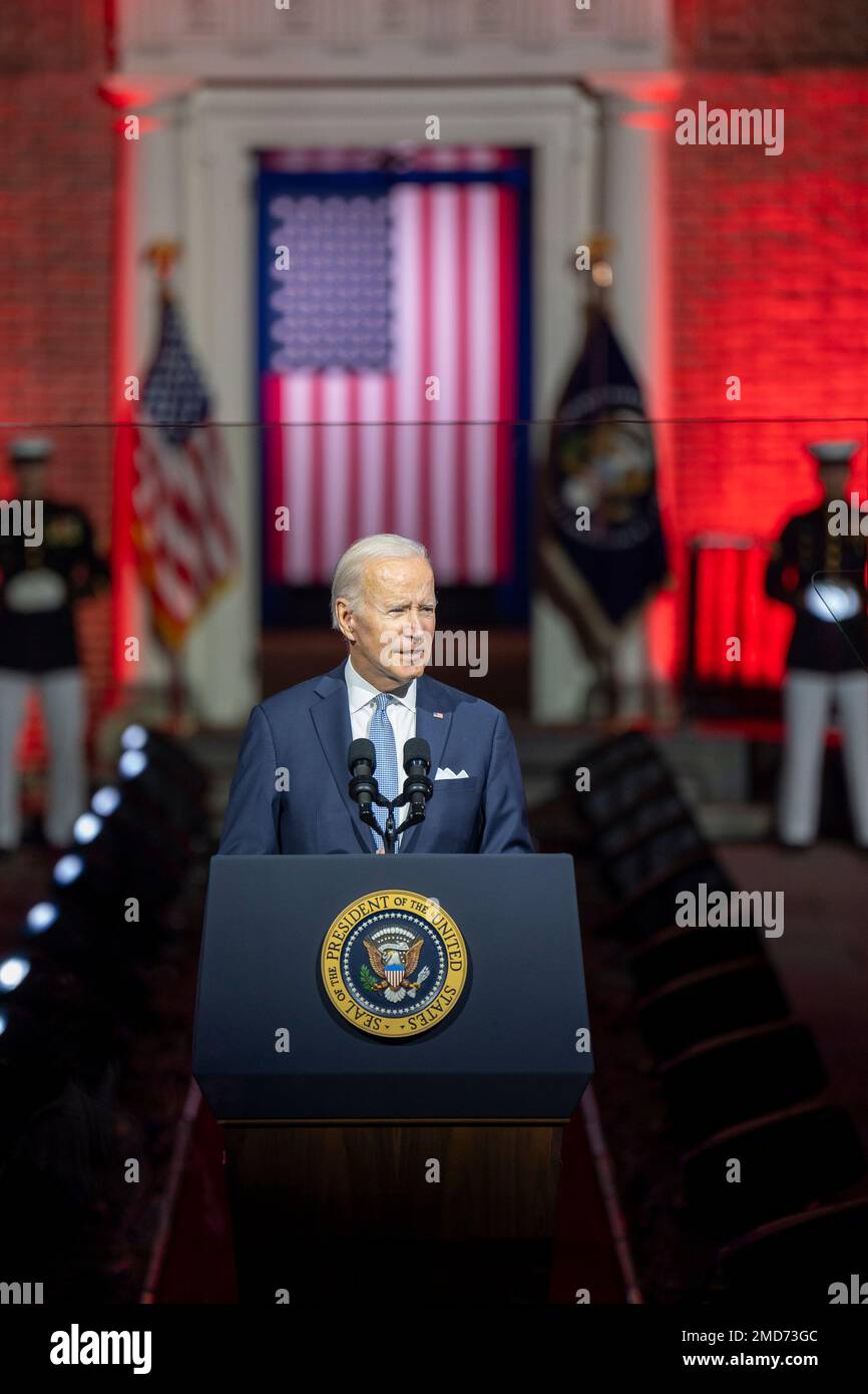 Präsident Joe Biden spricht am Donnerstag, den 1. September 2022, am Independence Square in Philadelphia über die Seele der Nation. Stockfoto